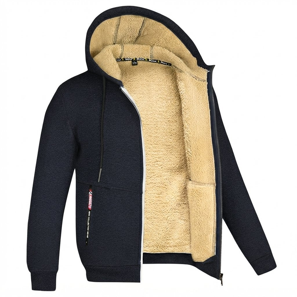 Bluza z kapturem męska z podszewką sherpa, zapinana — Ciemnoniebieski