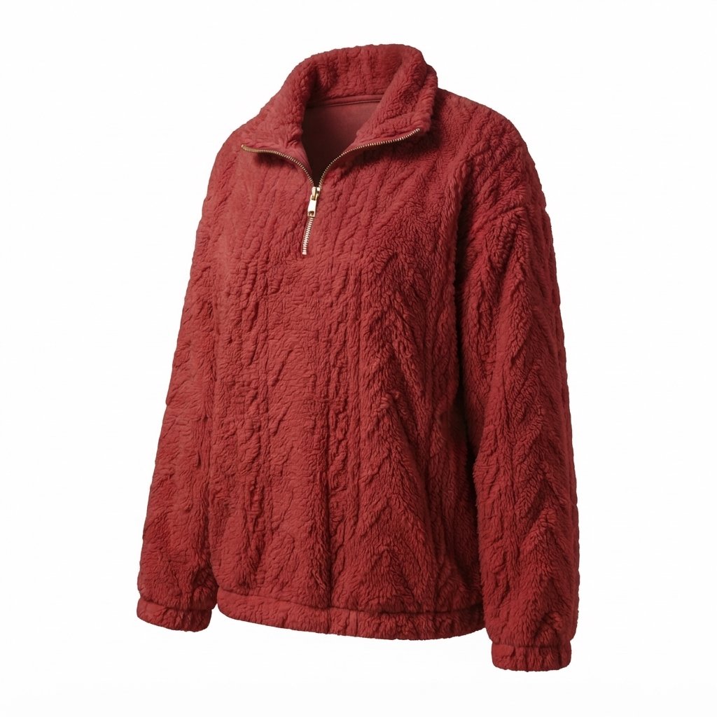 Pluszowa bluza damska oversize z zamkiem przy stójce — Czerwony