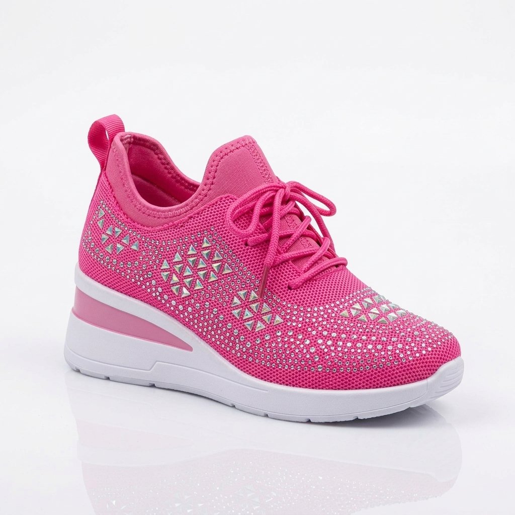 Sneakersy damskie na koturnie z cyrkoniami, sznurowane — Różowy