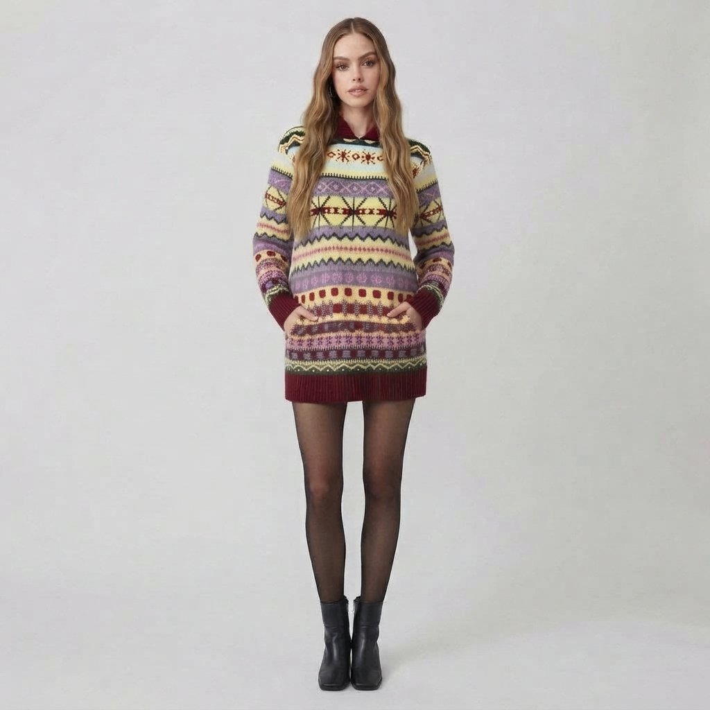 Sweter norweski z kapturem, wzór Fair Isle, damski — XL