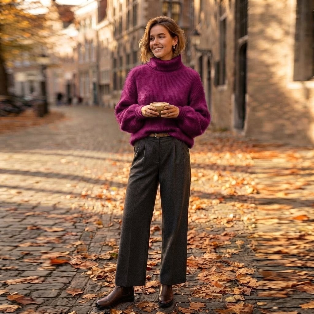 Sweter z golfem z miękkiej przędzy angorowej, luźny krój — Fioletowy