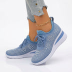 Sneakersy damskie na koturnie z cyrkoniami, sznurowane — Niebieski