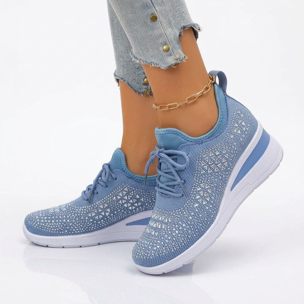 Sneakersy damskie na koturnie z cyrkoniami, sznurowane — Niebieski