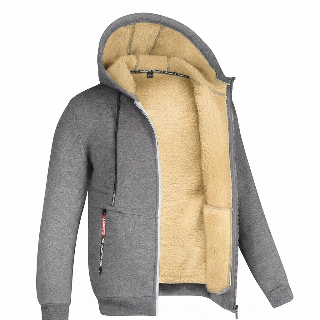 Bluza z kapturem męska z podszewką sherpa, zapinana — Szary
