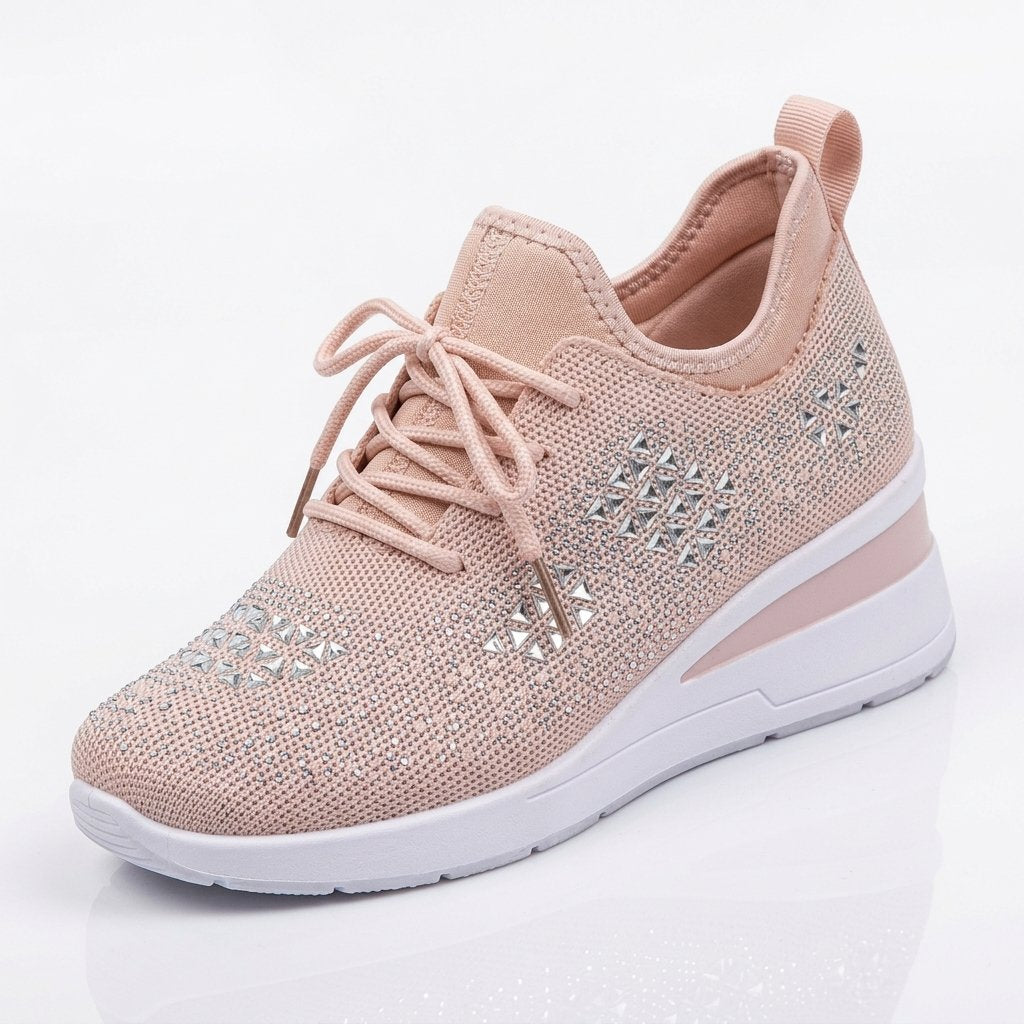 Sneakersy damskie na koturnie z cyrkoniami, sznurowane — Jasnoróżowy