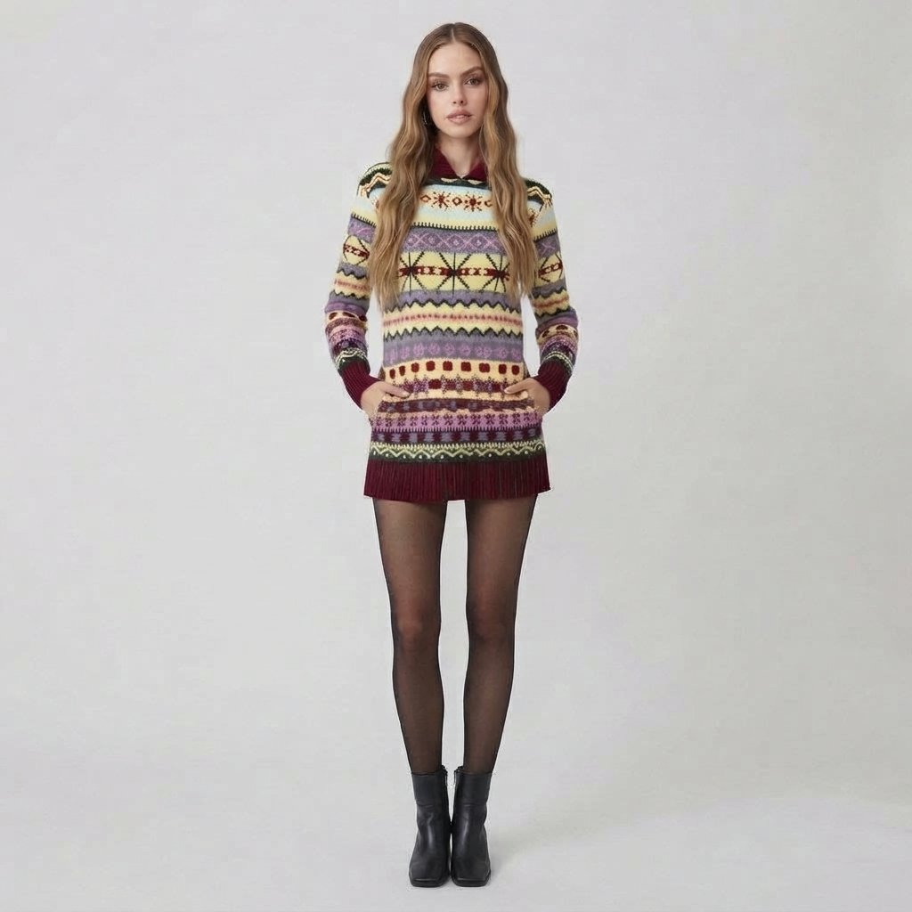 Sweter norweski z kapturem, wzór Fair Isle, damski — 3XL