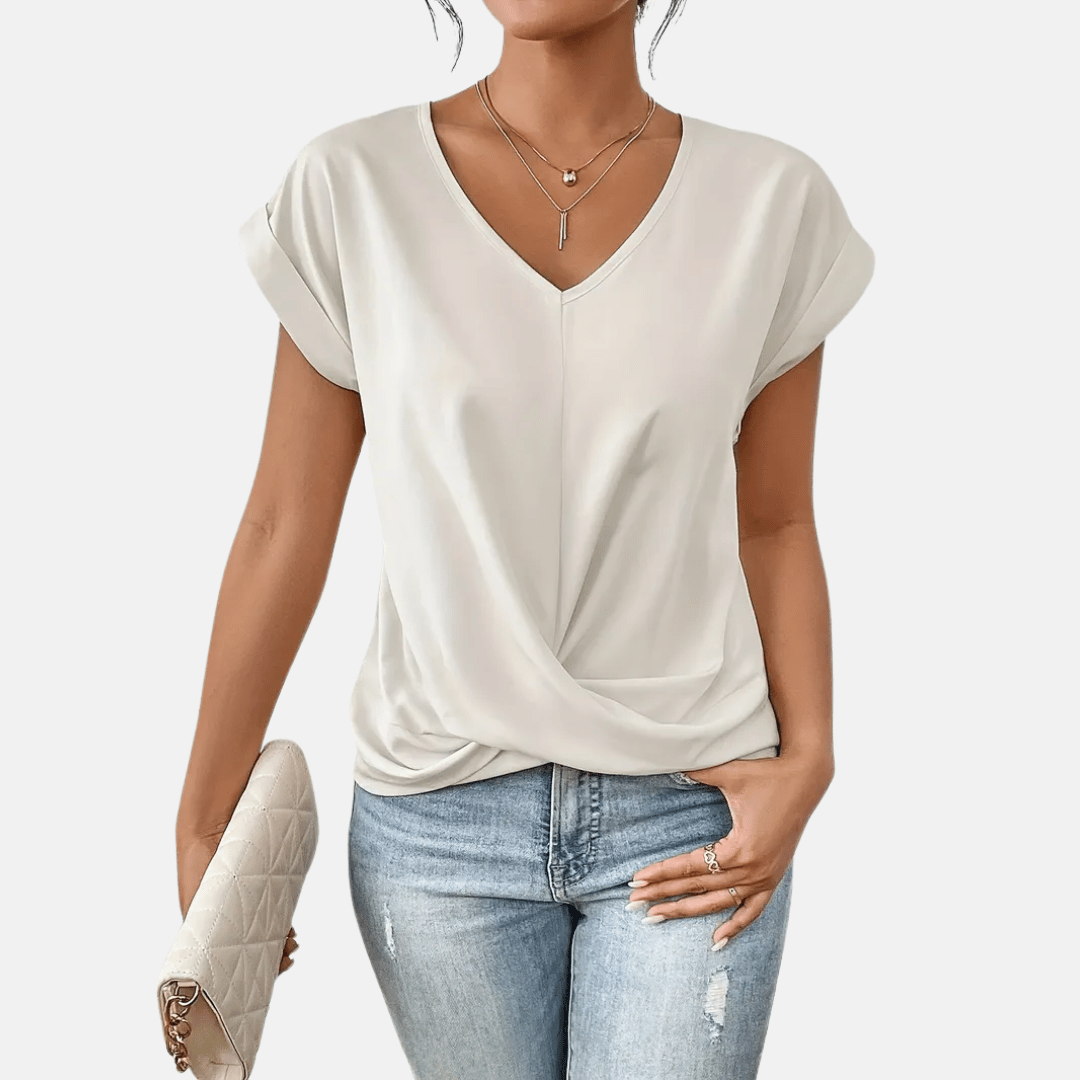 Natalia – Women's Blouse with V-Neck and Draped Hem, Elegant