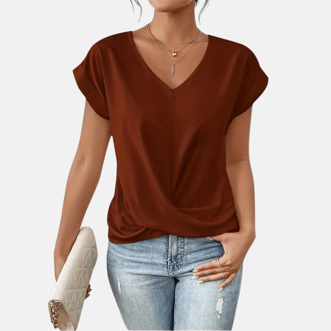 Natalia – Women's Blouse with V-Neck and Draped Hem, Elegant