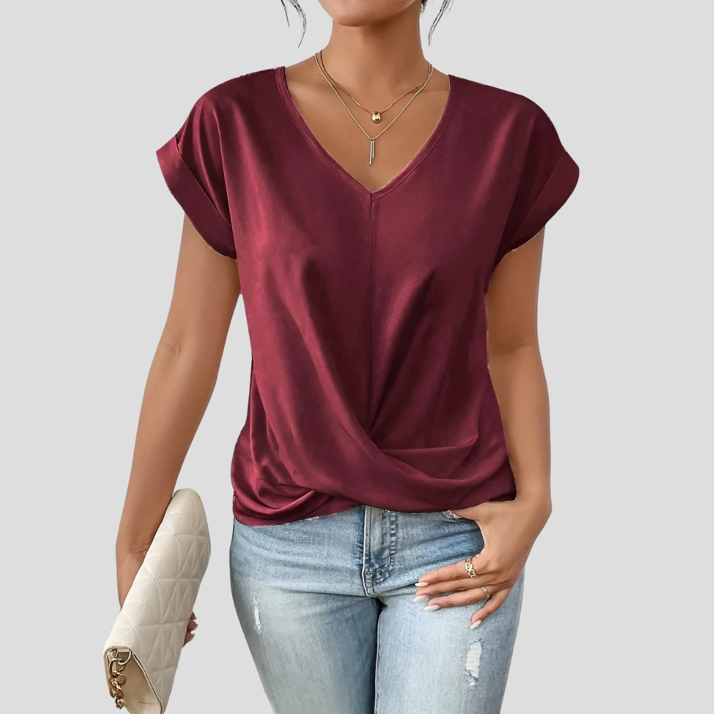Natalia – Women's Blouse with V-Neck and Draped Hem, Elegant