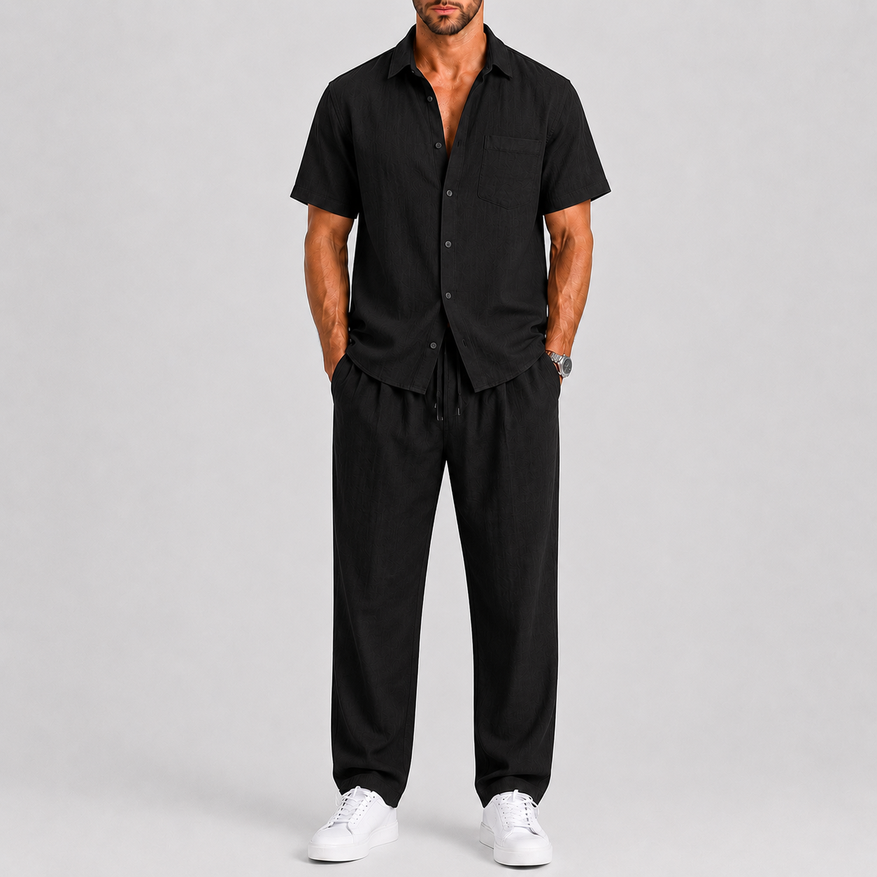 Bernard – Męski Letni Zestaw z Koszulą i Szerokimi Spodniami Casual