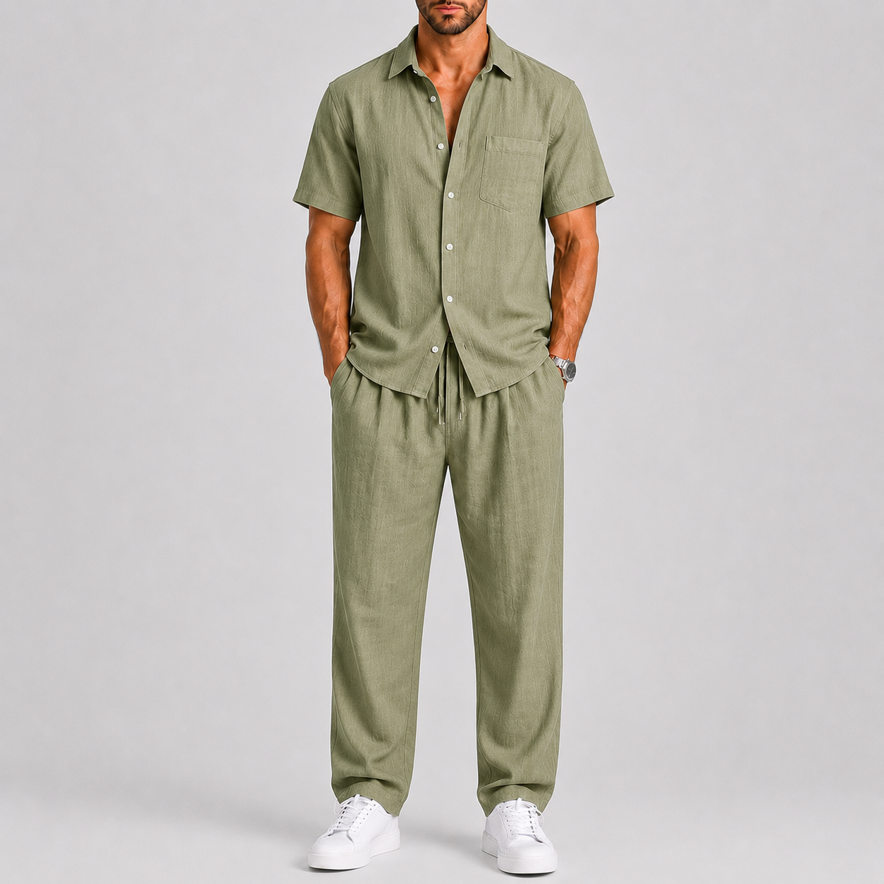 Bernard – Męski Letni Zestaw z Koszulą i Szerokimi Spodniami Casual