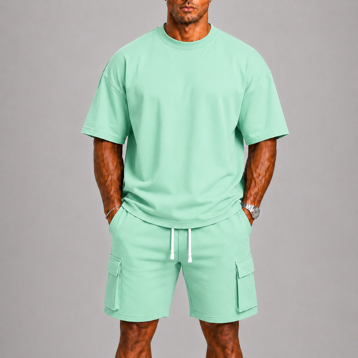 Bruno – Męski Sportowy Letni Zestaw z Oversized T-Shirtem i Krótkimi Spodniami Cargo