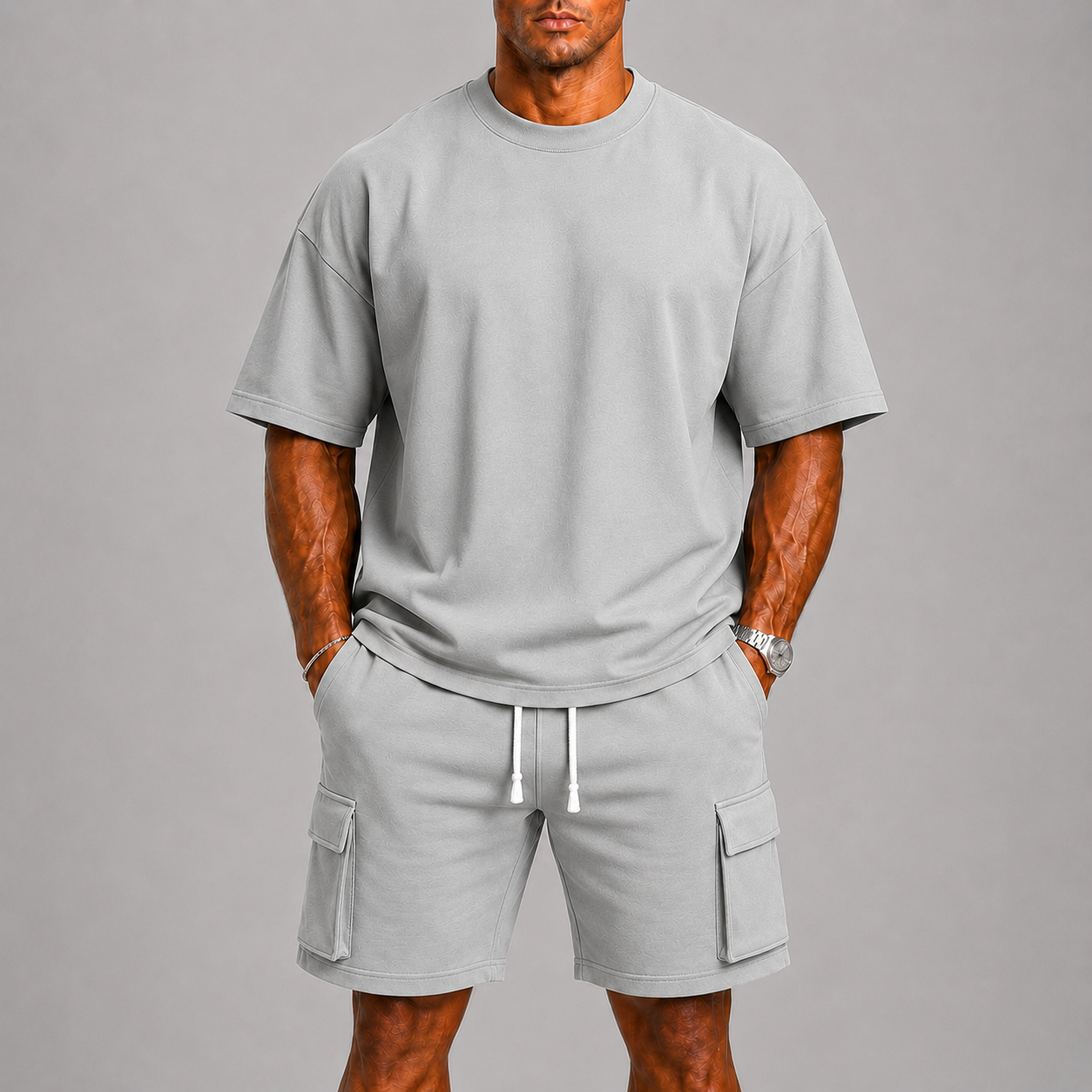 Bruno – Męski Sportowy Letni Zestaw z Oversized T-Shirtem i Krótkimi Spodniami Cargo