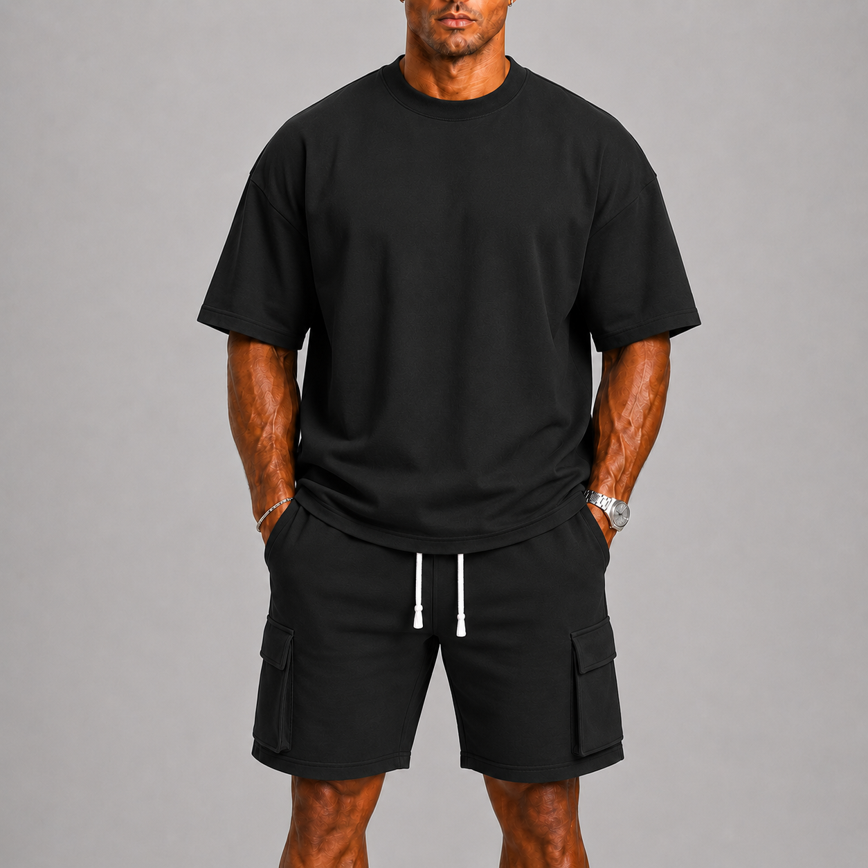 Bruno – Męski Sportowy Letni Zestaw z Oversized T-Shirtem i Krótkimi Spodniami Cargo
