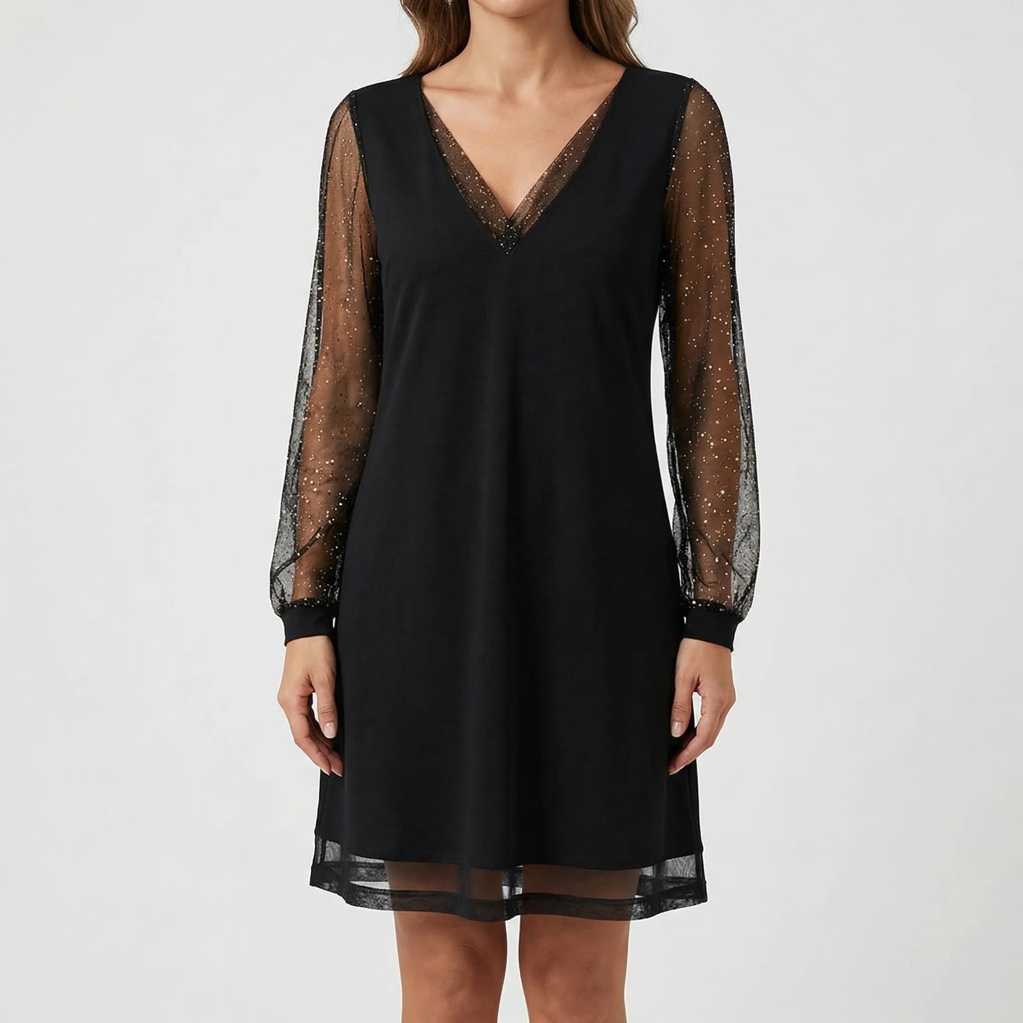 Czarna Sukienka Mini Z Cekinowymi Rękawami - Eleganckie Wieczory 