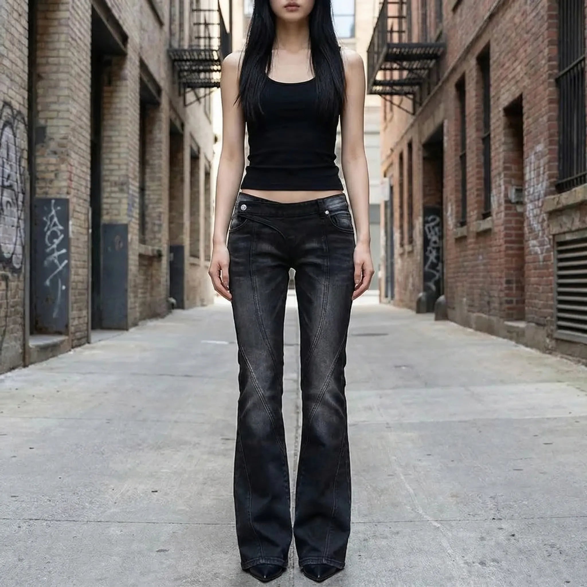 Czarne Spodnie Dzwony Z Niskim Stanem - Stylizacje Uliczne 