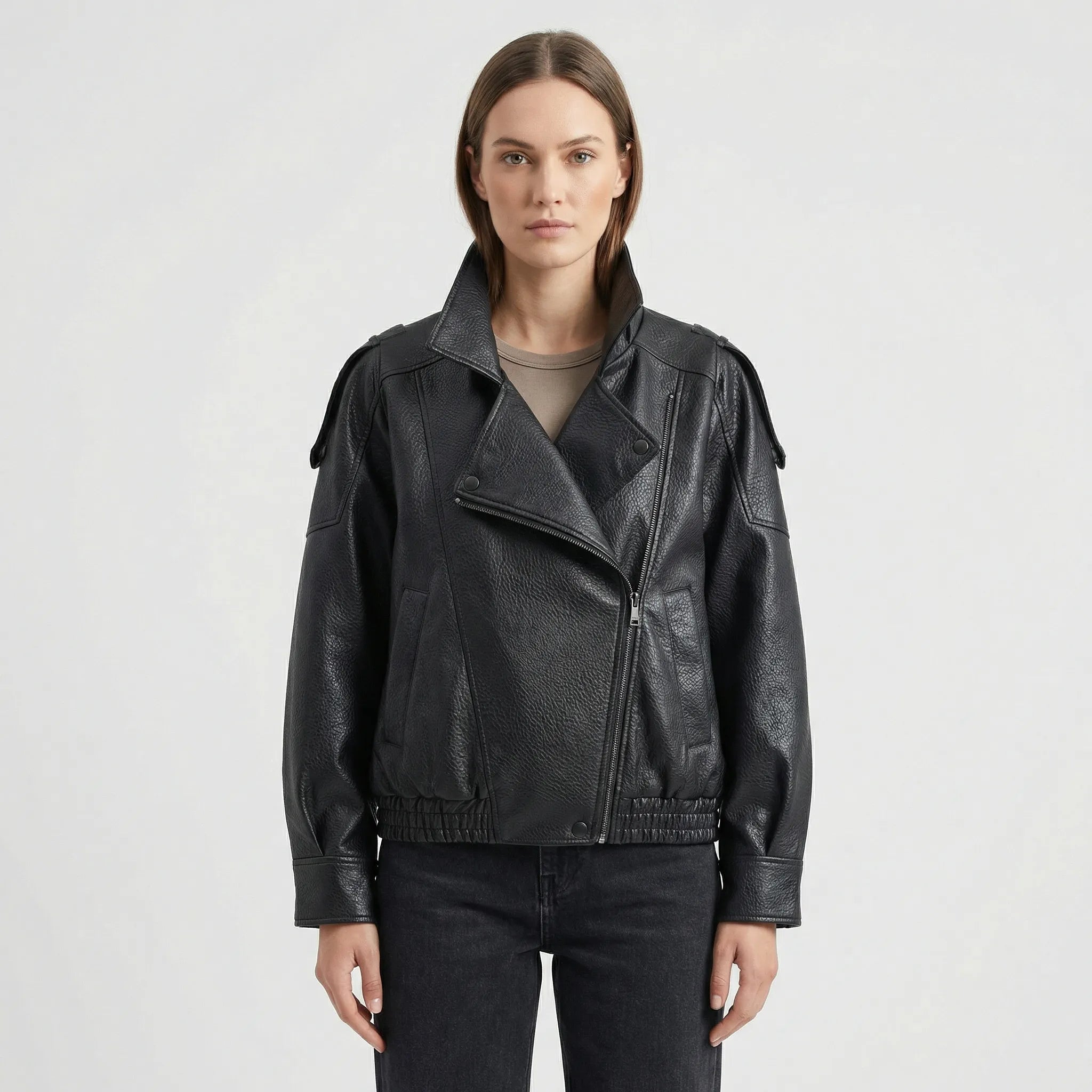 Damski Czarna Kurtka Z Fakturowanej Powłoki - Codzienny Miejski Styl