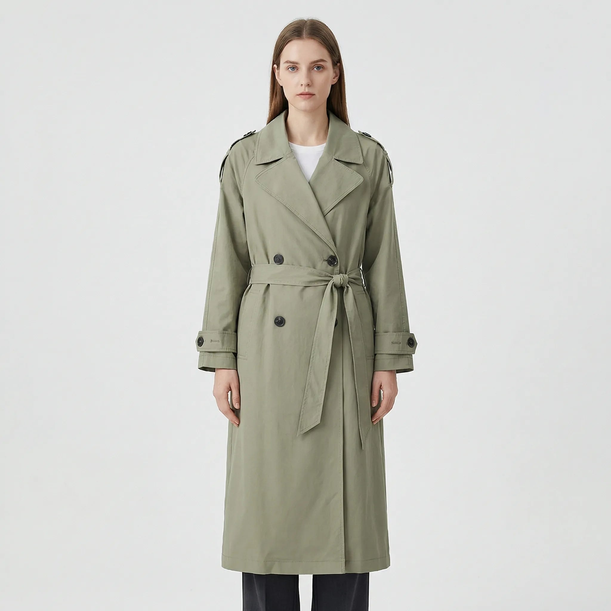 Damski Długi Dwurzędowy Płaszcz Z Paskiem - Codzienna Elegancja W Mieście