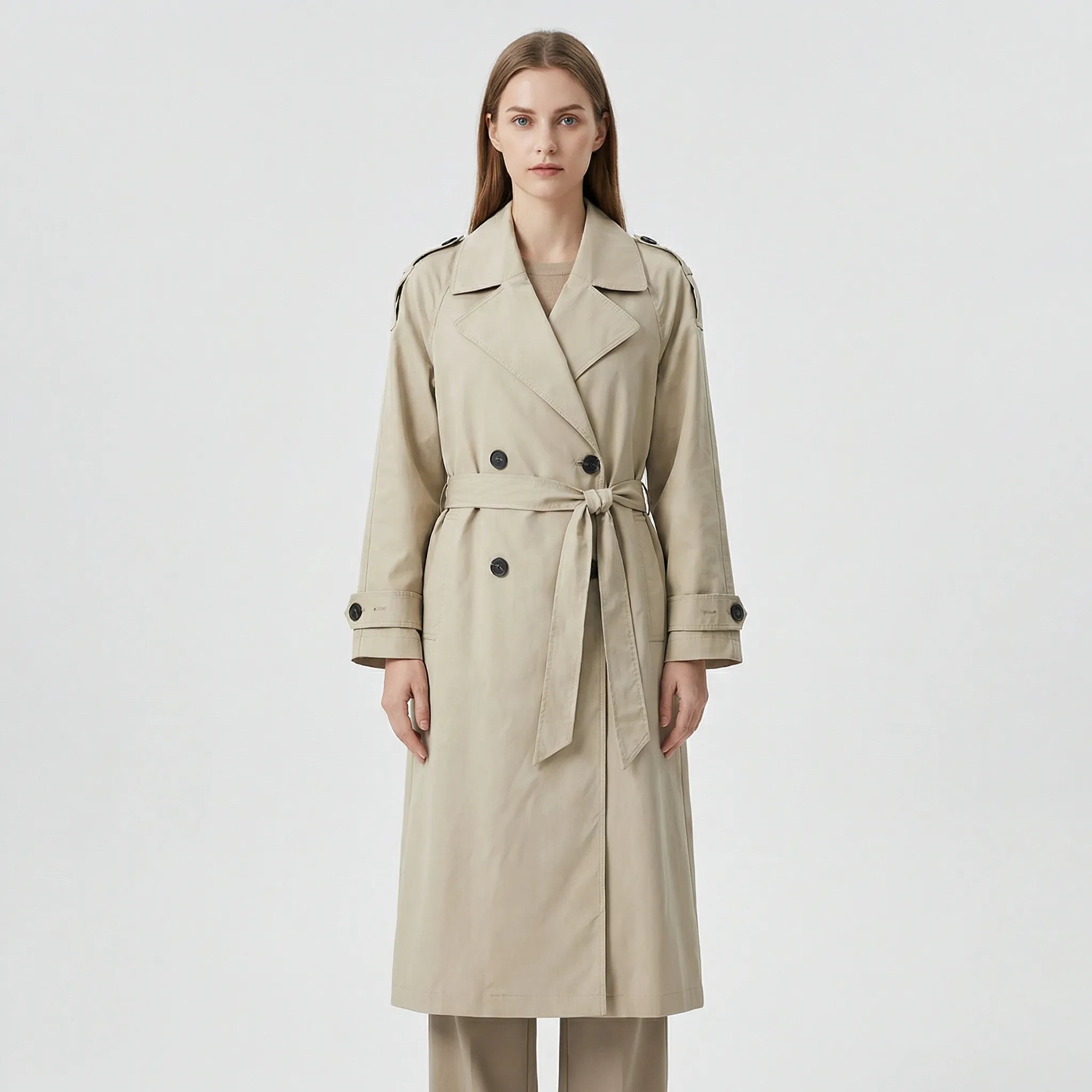 Damski Długi Dwurzędowy Płaszcz Z Paskiem - Codzienna Elegancja W Mieście