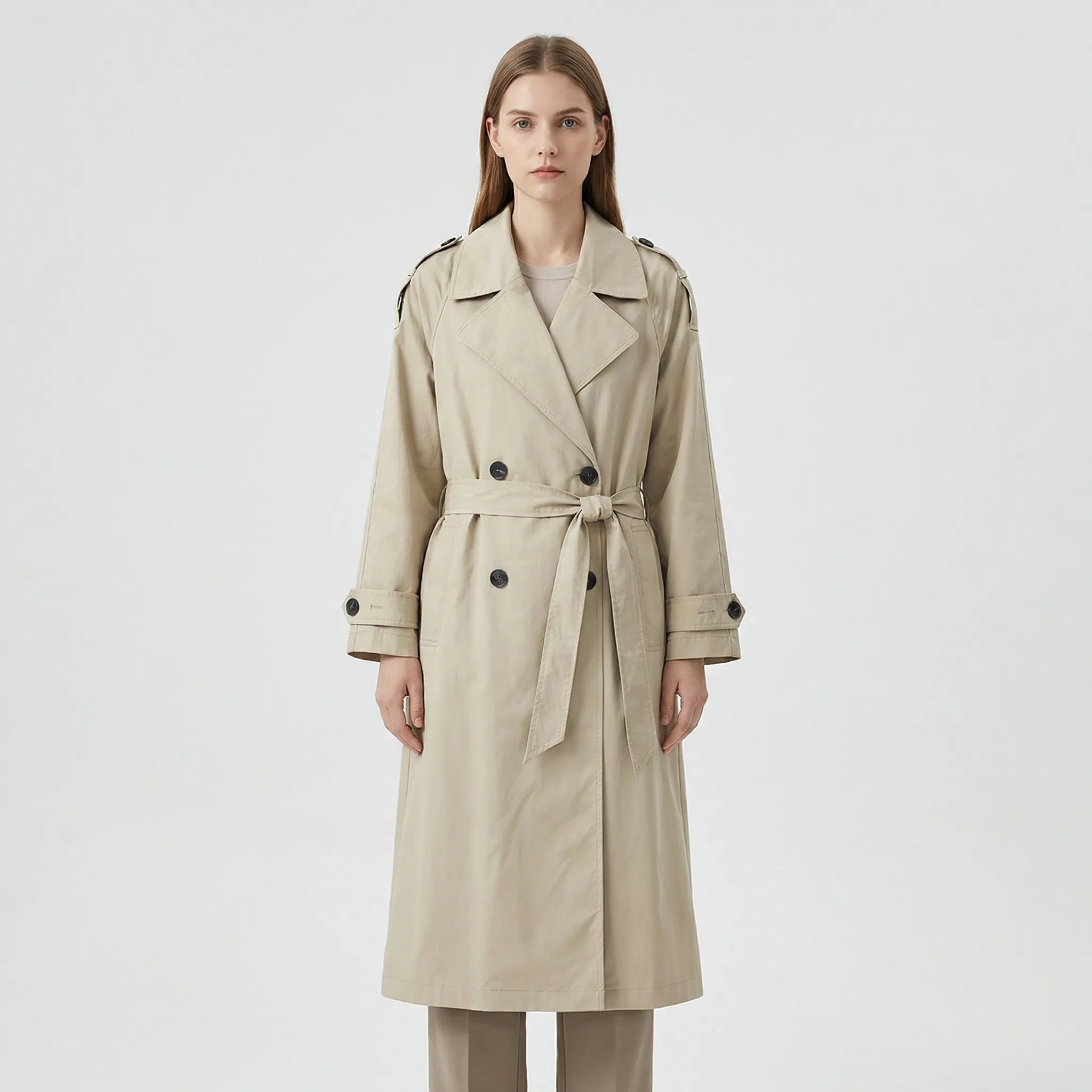 Damski Długi Dwurzędowy Płaszcz Z Paskiem - Codzienna Elegancja W Mieście