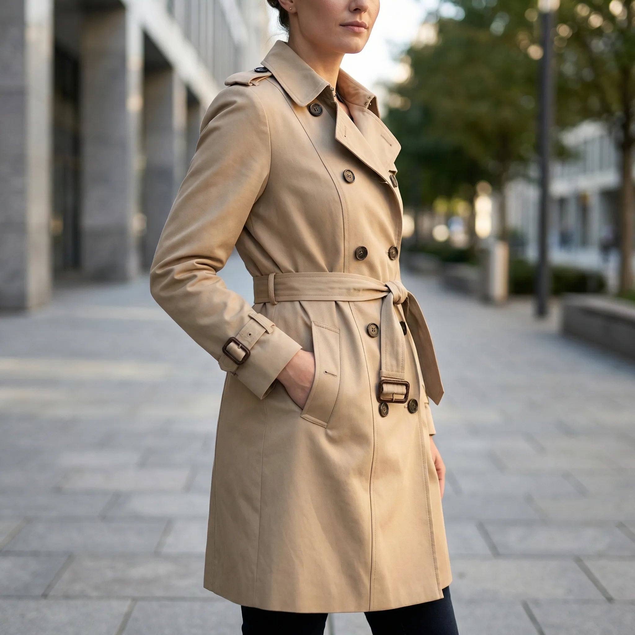 Damski Długi Dwurzędowy Płaszcz Z Paskiem - Codzienna Elegancja W Mieście