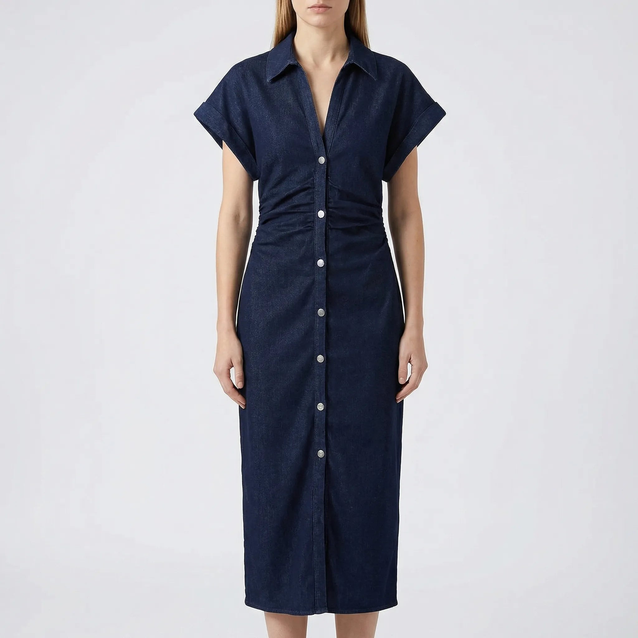 Damski Jeansowa Sukienka Midi Z Klapą - Eleganckie Wyjścia W Mieście