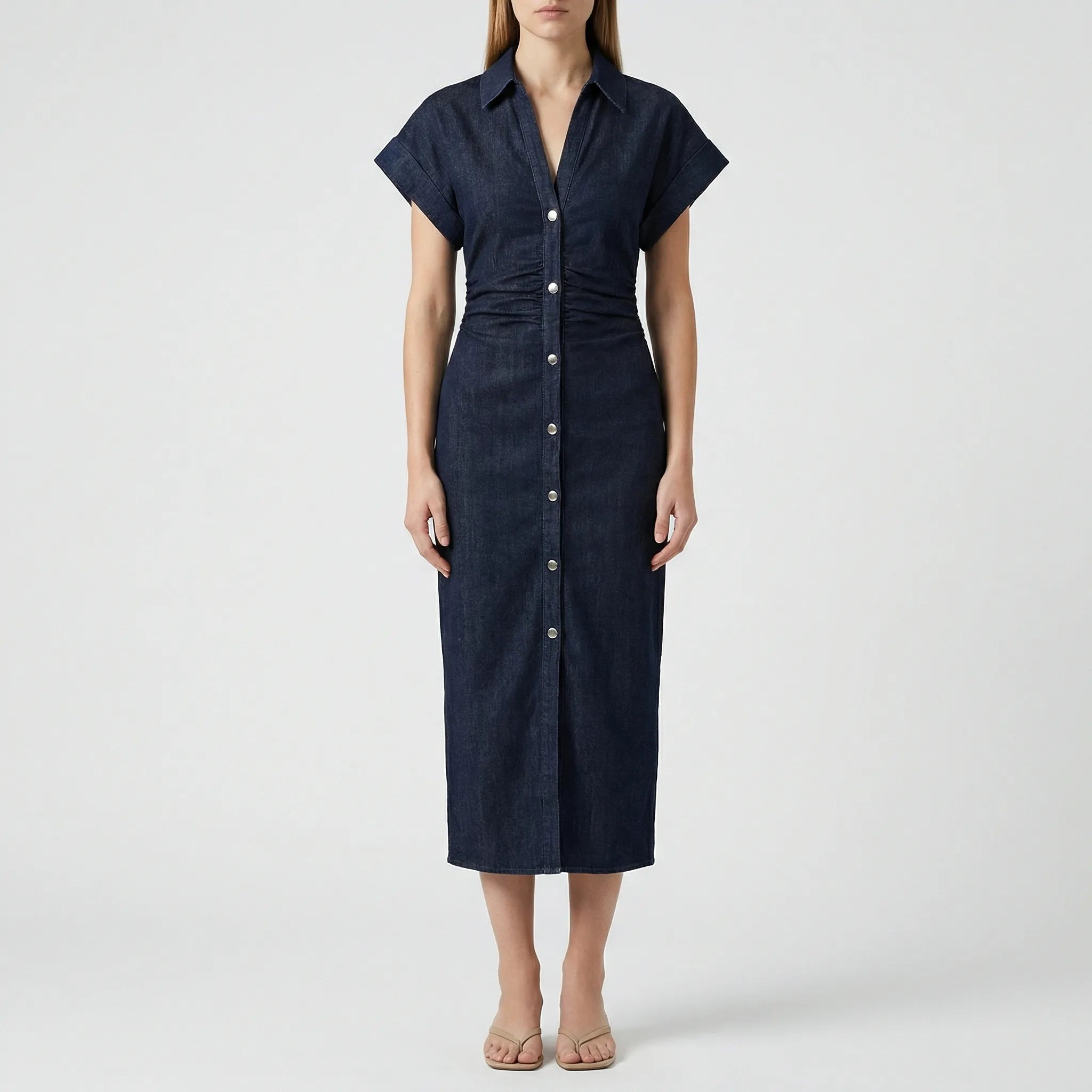 Damski Jeansowa Sukienka Midi Z Klapą - Eleganckie Wyjścia W Mieście