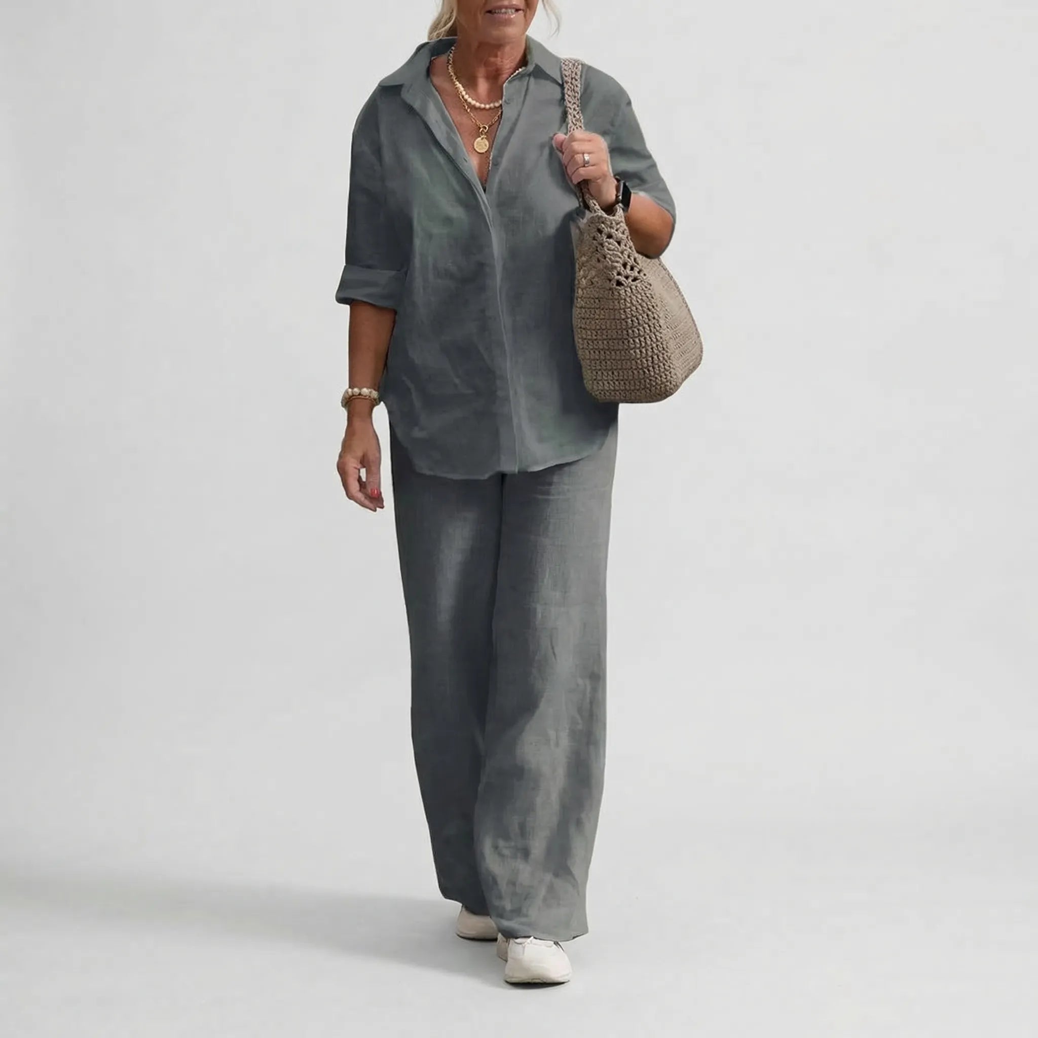 Damski Komplet Koszula I Szerokie Spodnie - Codzienny Elegancki Strój 