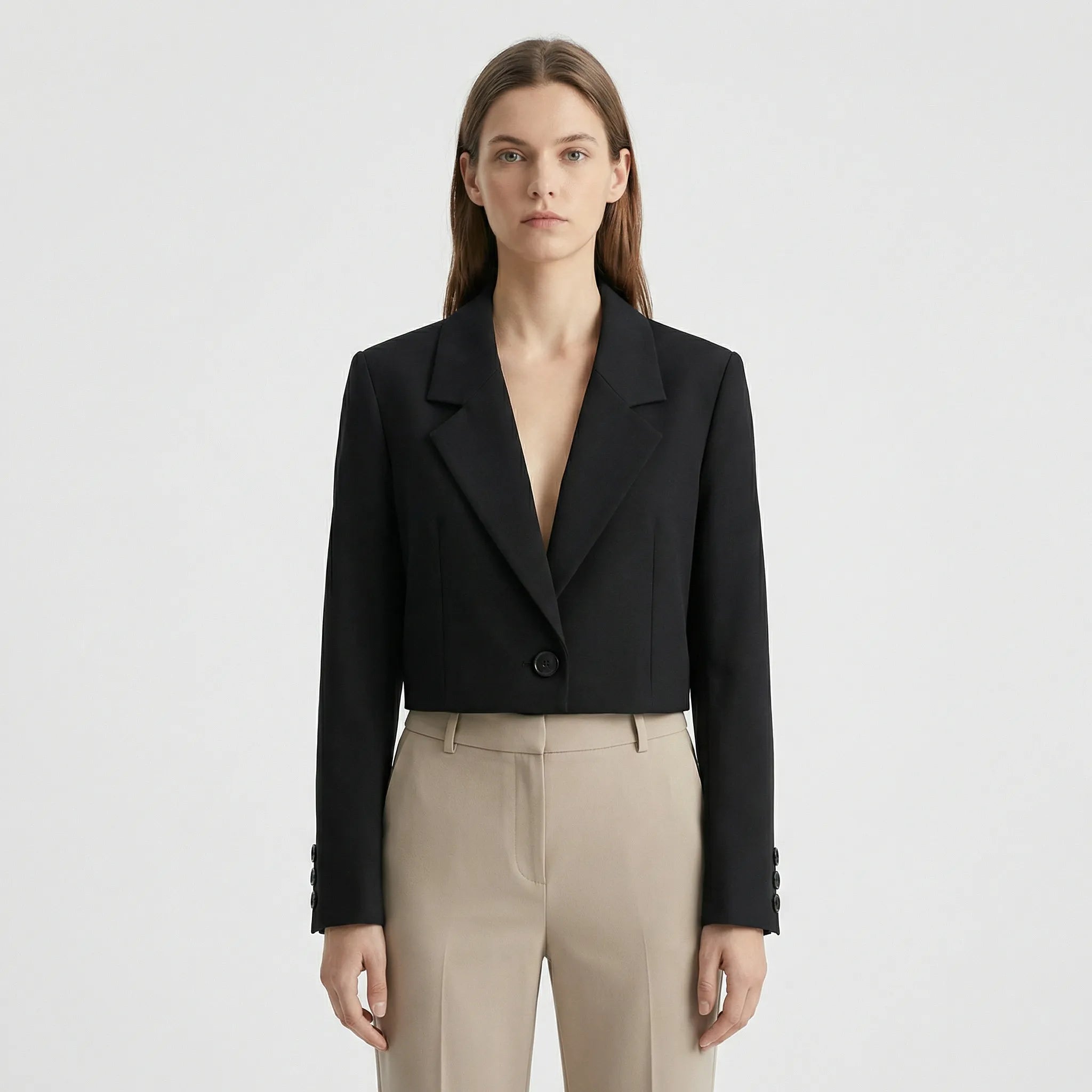 Damski Krótki Żakiet Z Klapami I Jednym Guzikiem - Stylizacje Do Pracy