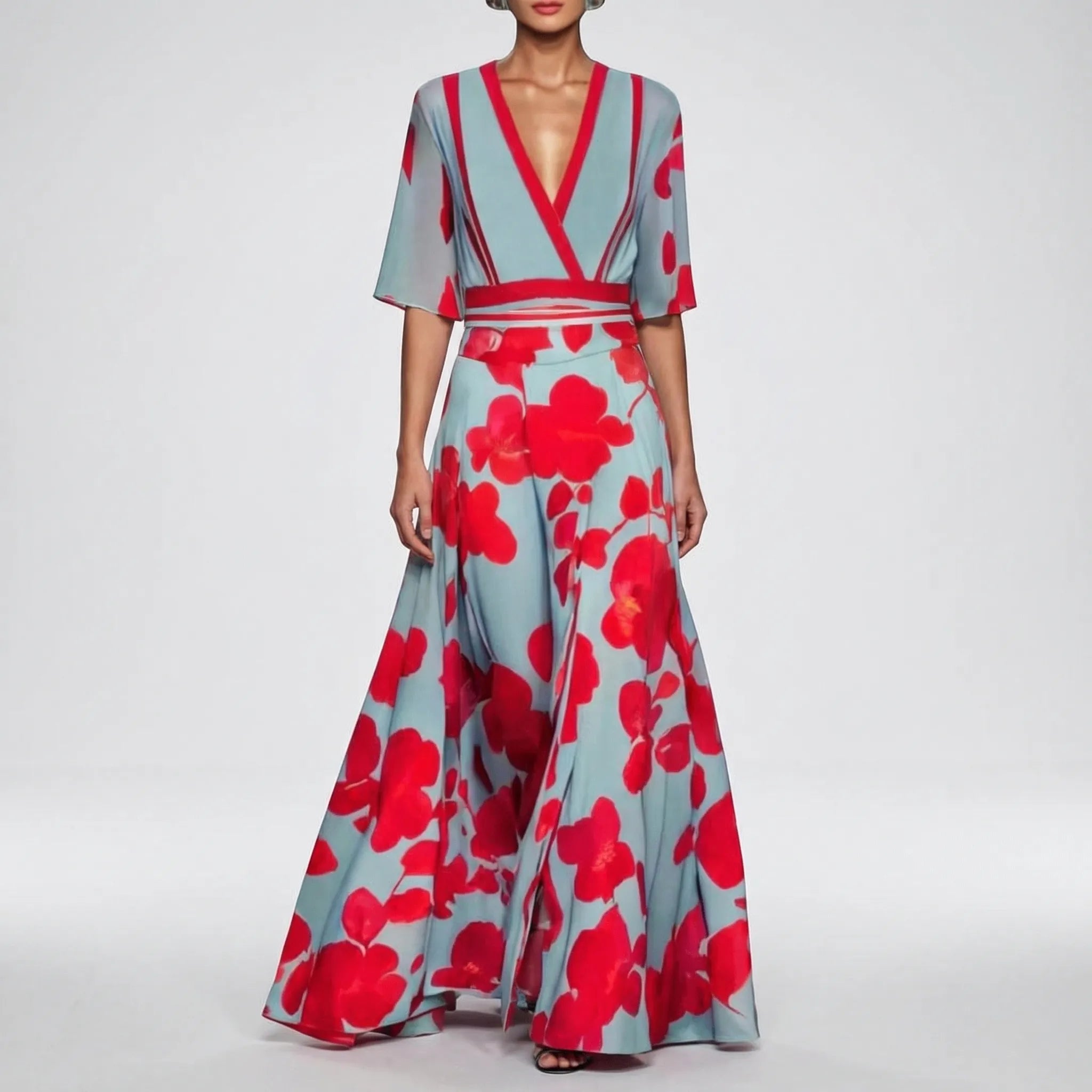 Długa Sukienka W Kwiaty Z Dekoltem V - Na Eleganckie Wieczory 