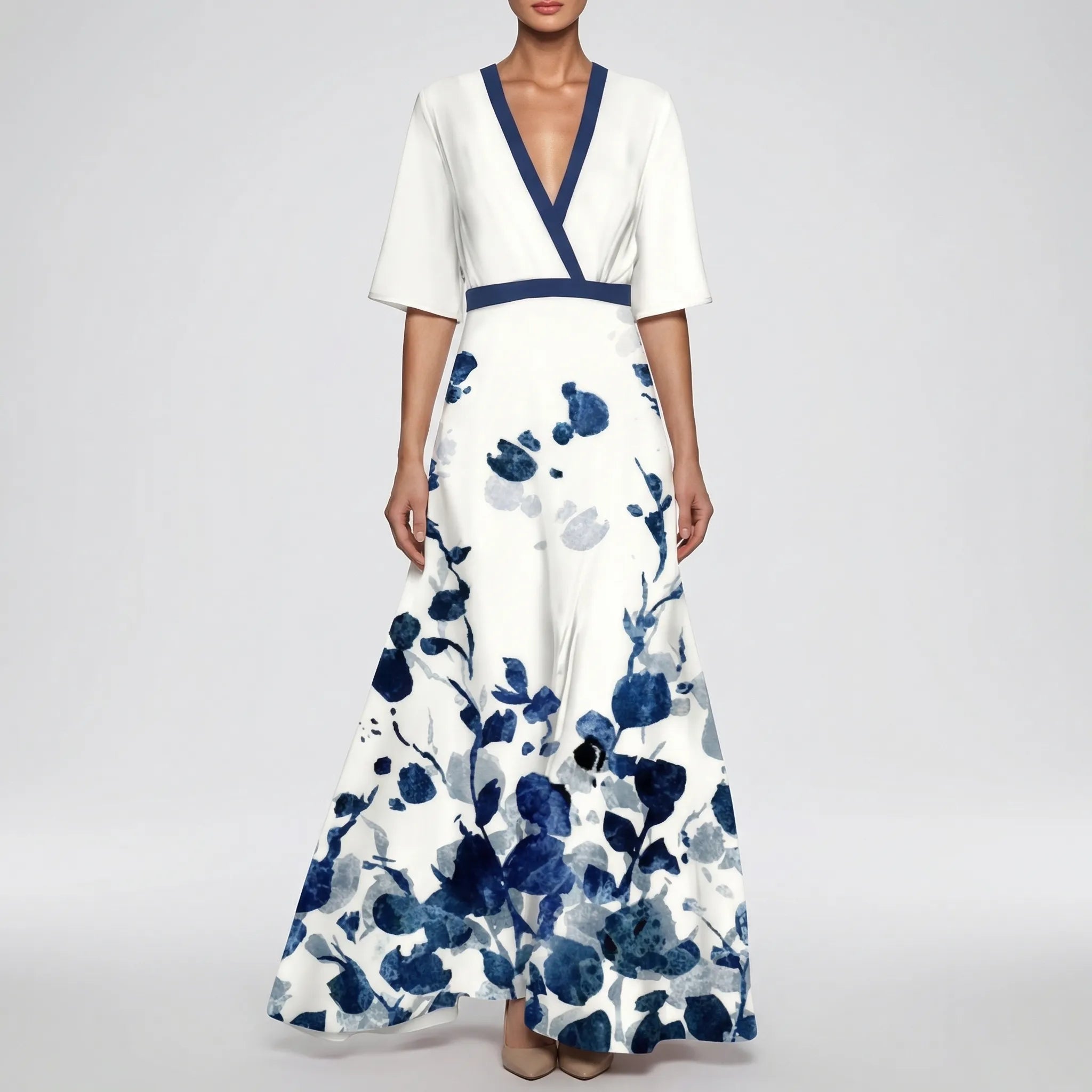 Długa Sukienka W Kwiaty Z Dekoltem V - Na Eleganckie Wieczory 