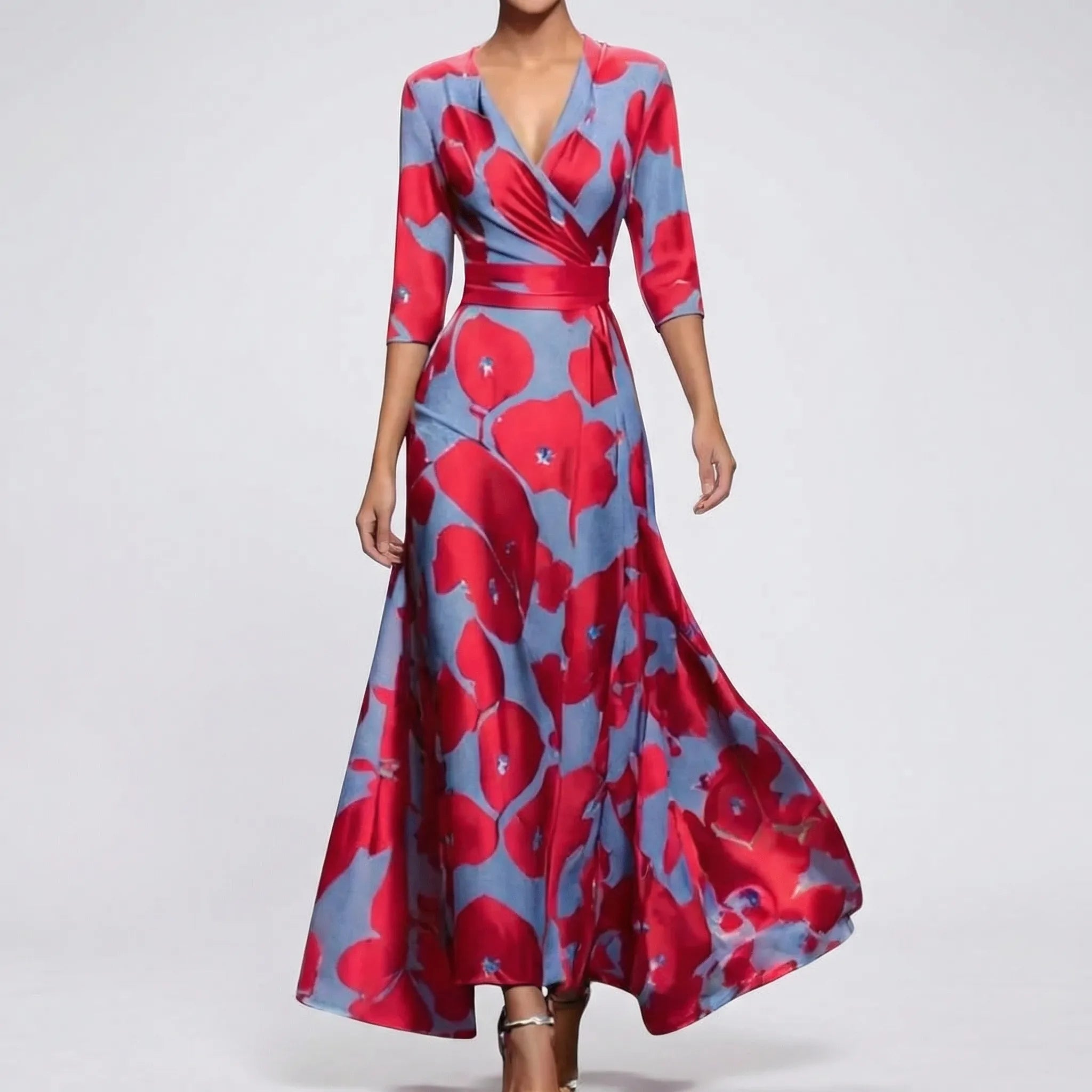 Długa Sukienka W Kwiaty Z Dekoltem V - Na Eleganckie Wieczory 