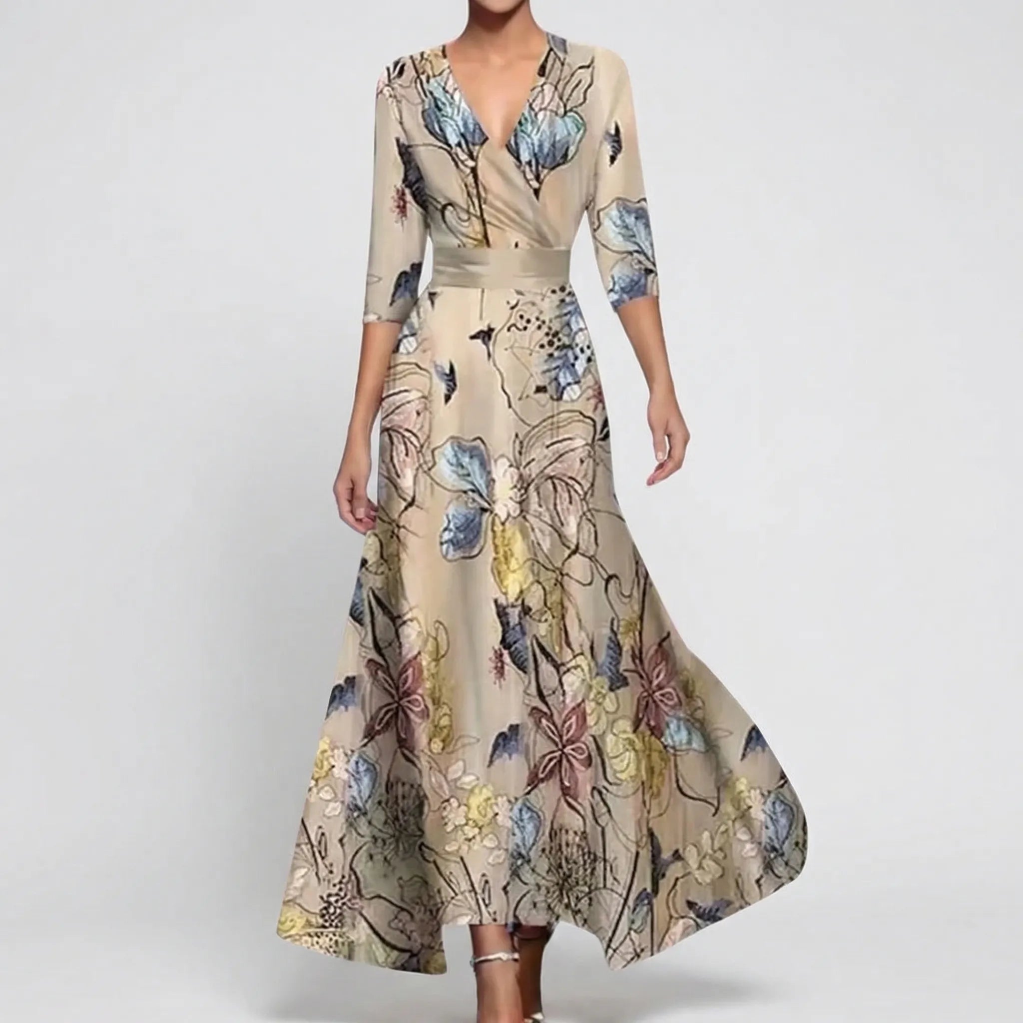 Długa Sukienka W Kwiaty Z Dekoltem V - Na Eleganckie Wieczory 