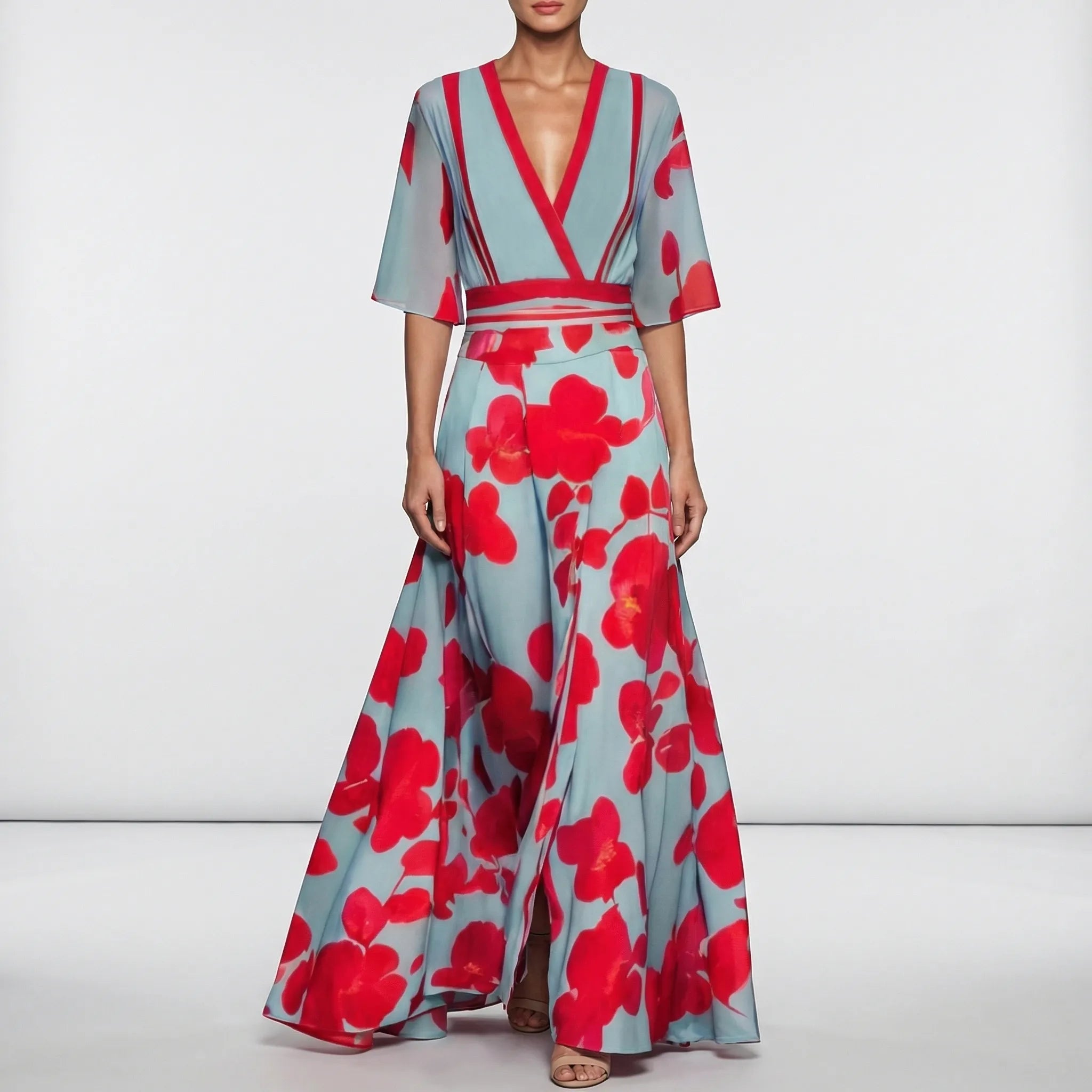 Długa Sukienka W Kwiaty Z Dekoltem V - Na Eleganckie Wieczory 