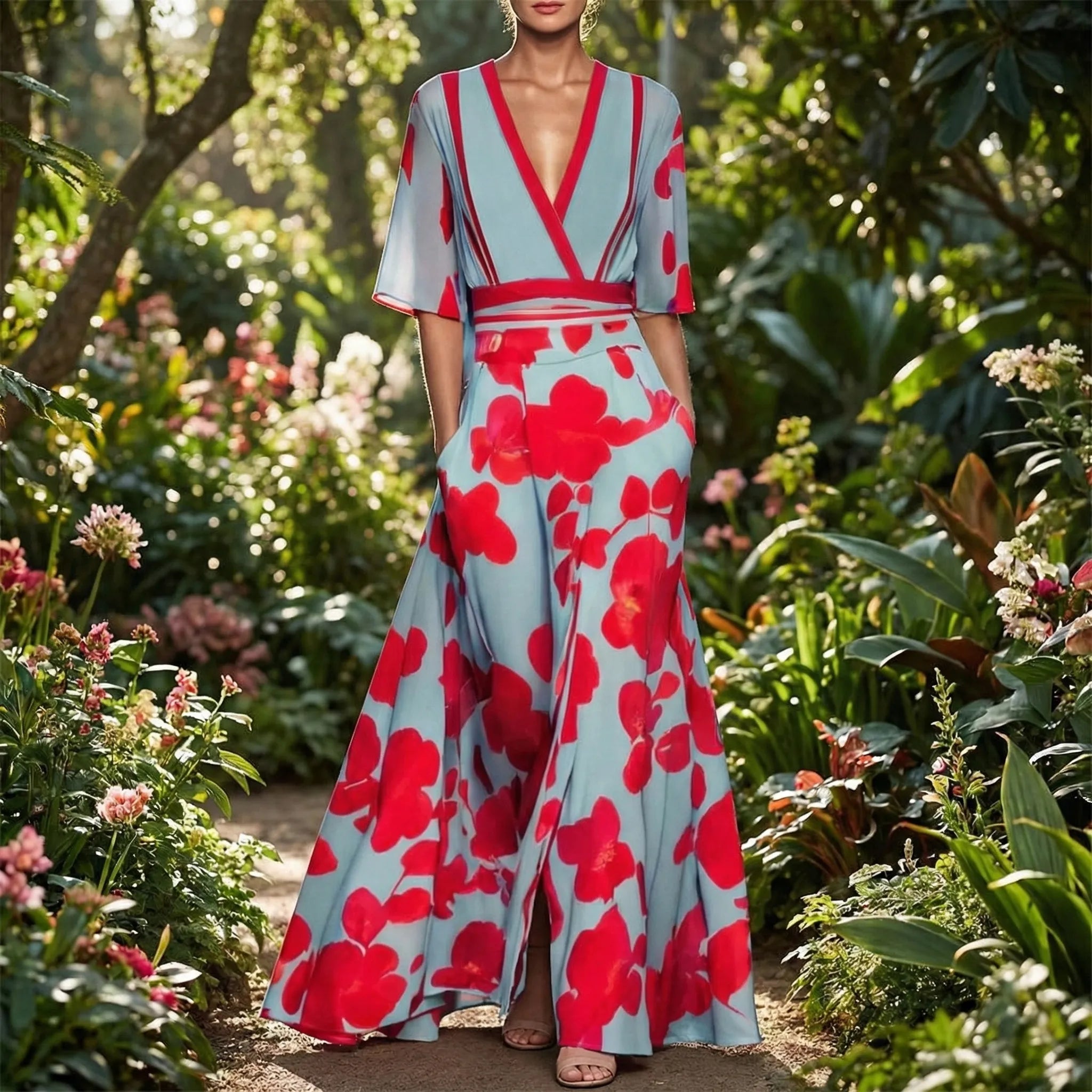 Długa Sukienka W Kwiaty Z Dekoltem V - Na Eleganckie Wieczory 