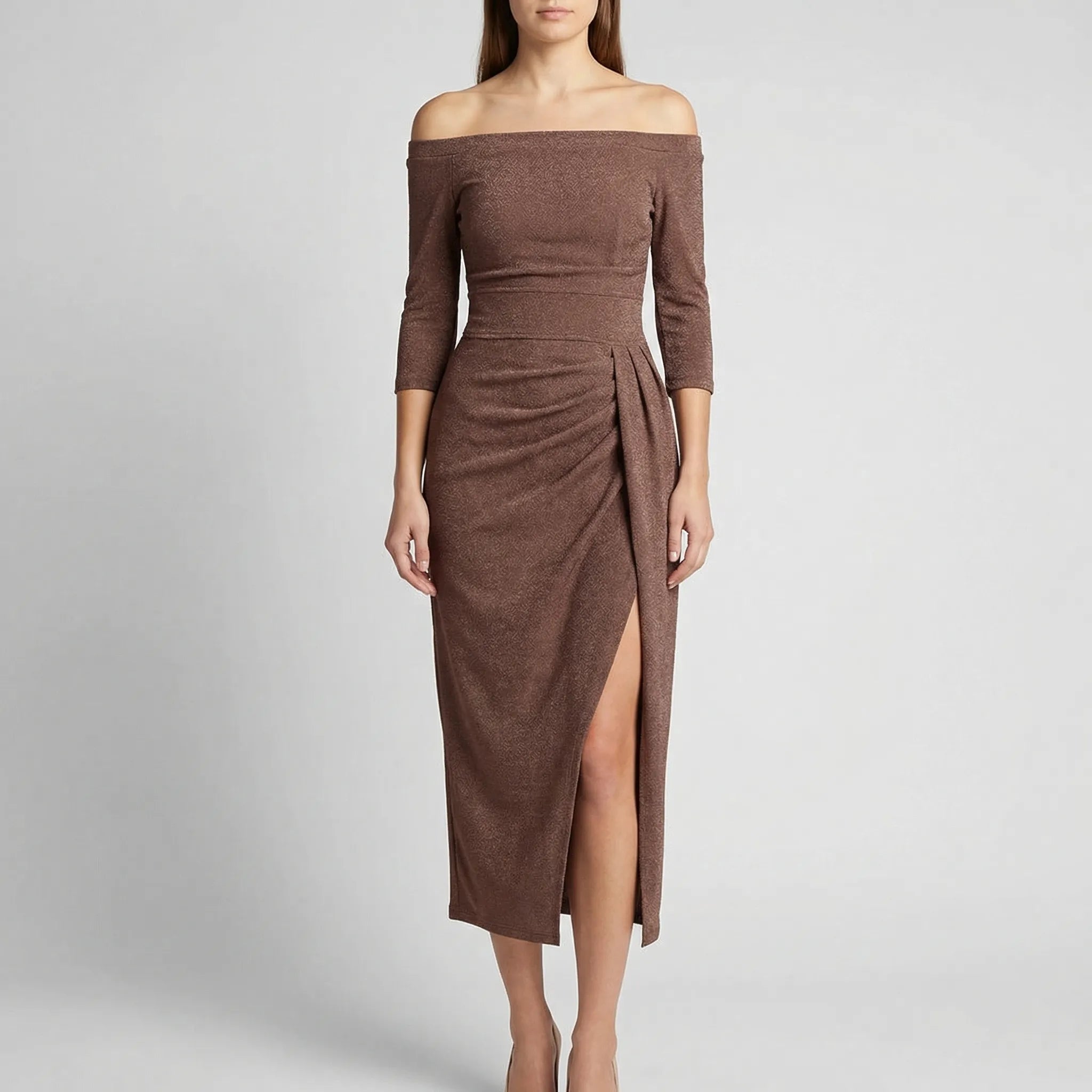 Dopasowana Sukienka Midi Z Odkrytymi Ramionami - Eleganckie Wyjścia Wieczorowe 