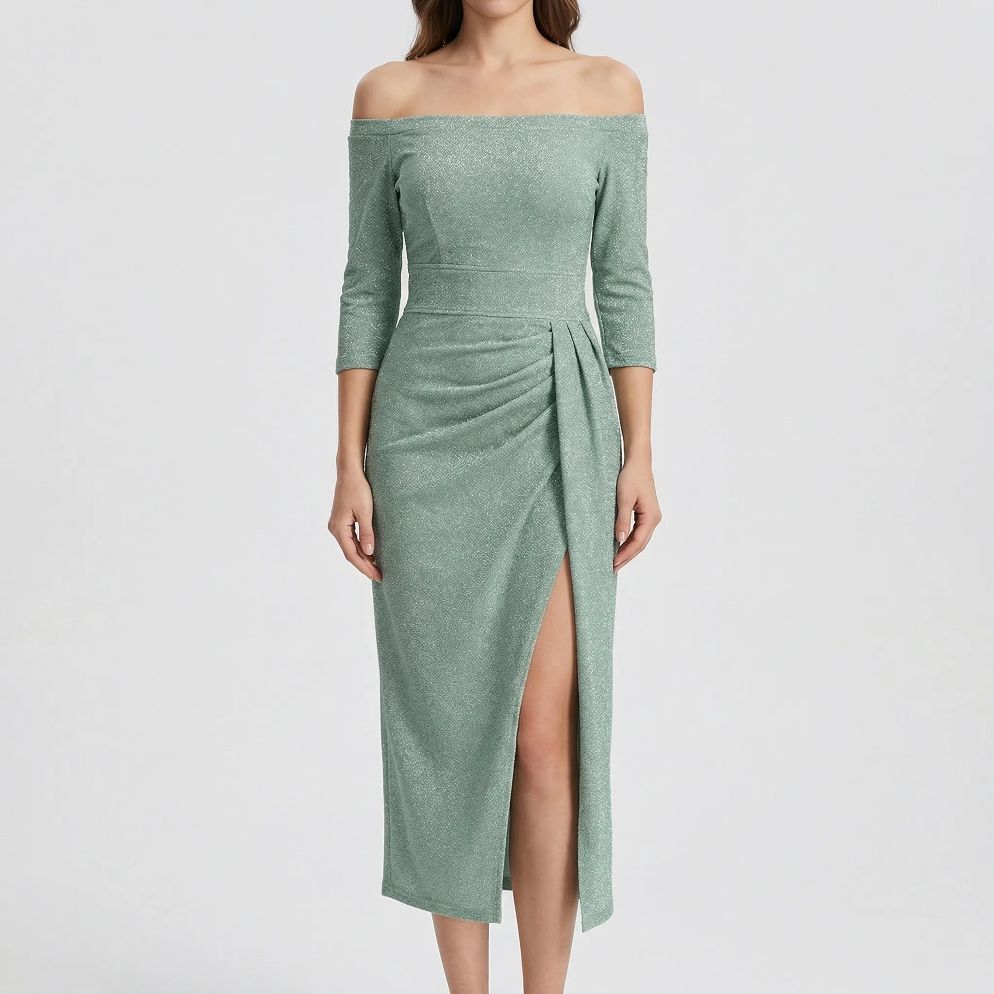 Dopasowana Sukienka Midi Z Odkrytymi Ramionami - Eleganckie Wyjścia Wieczorowe 