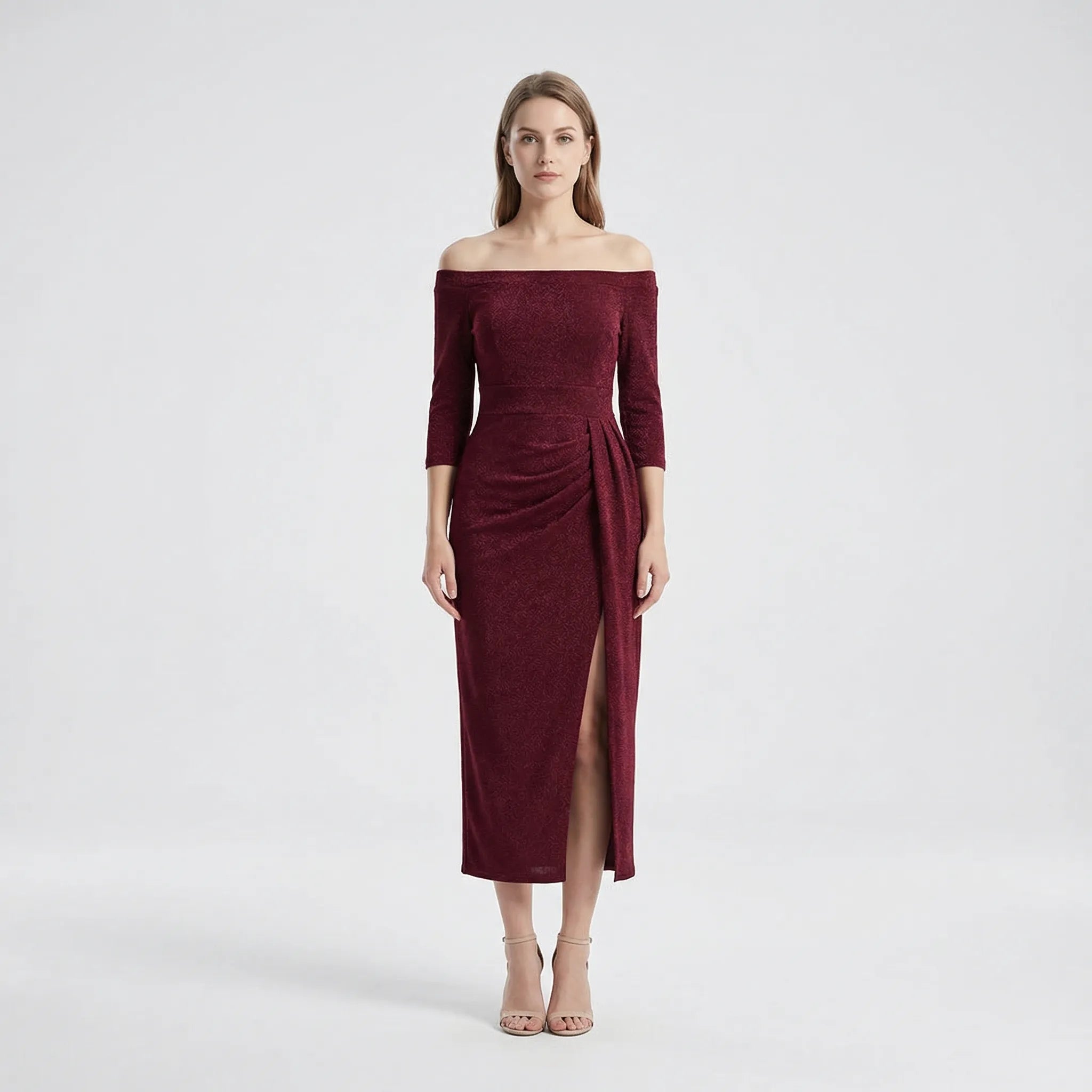 Dopasowana Sukienka Midi Z Odkrytymi Ramionami - Eleganckie Wyjścia Wieczorowe 