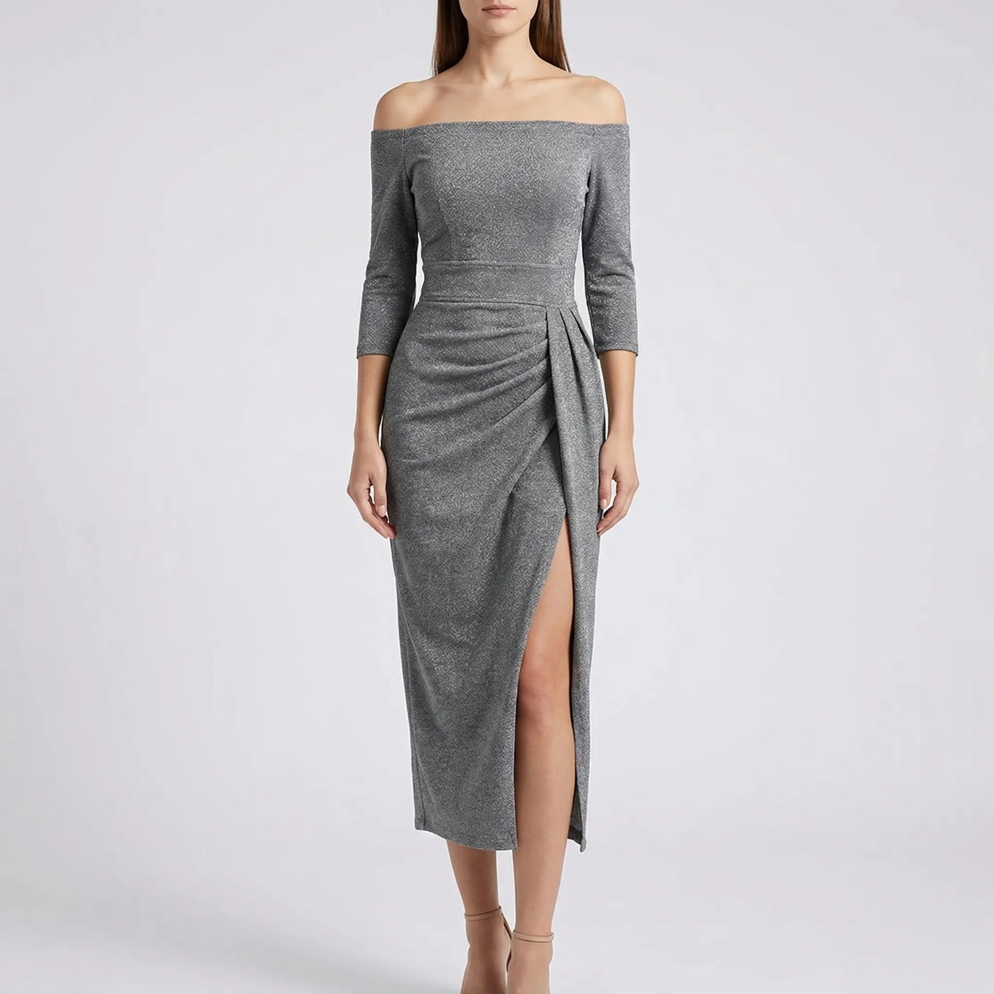 Dopasowana Sukienka Midi Z Odkrytymi Ramionami - Eleganckie Wyjścia Wieczorowe 