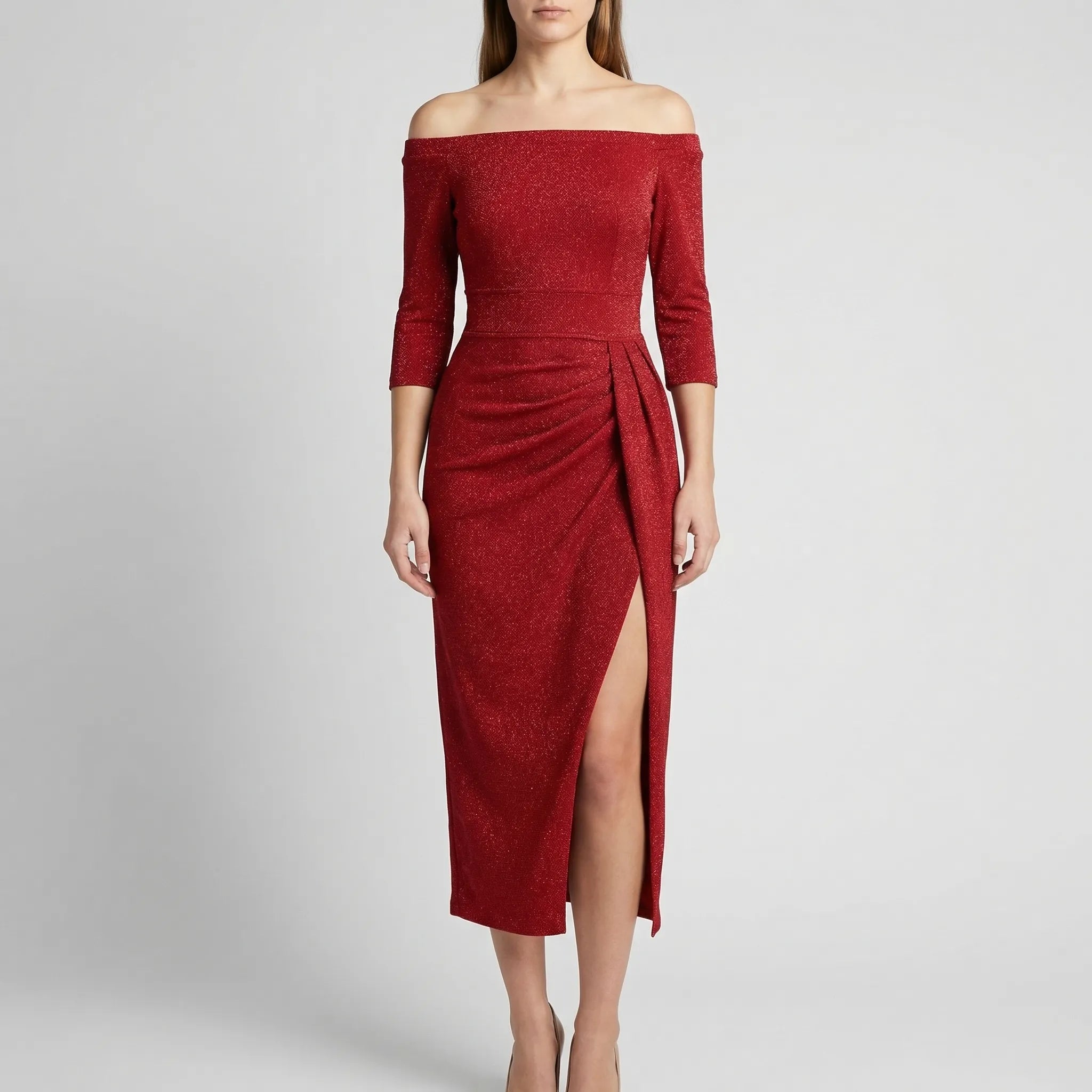 Dopasowana Sukienka Midi Z Odkrytymi Ramionami - Eleganckie Wyjścia Wieczorowe 