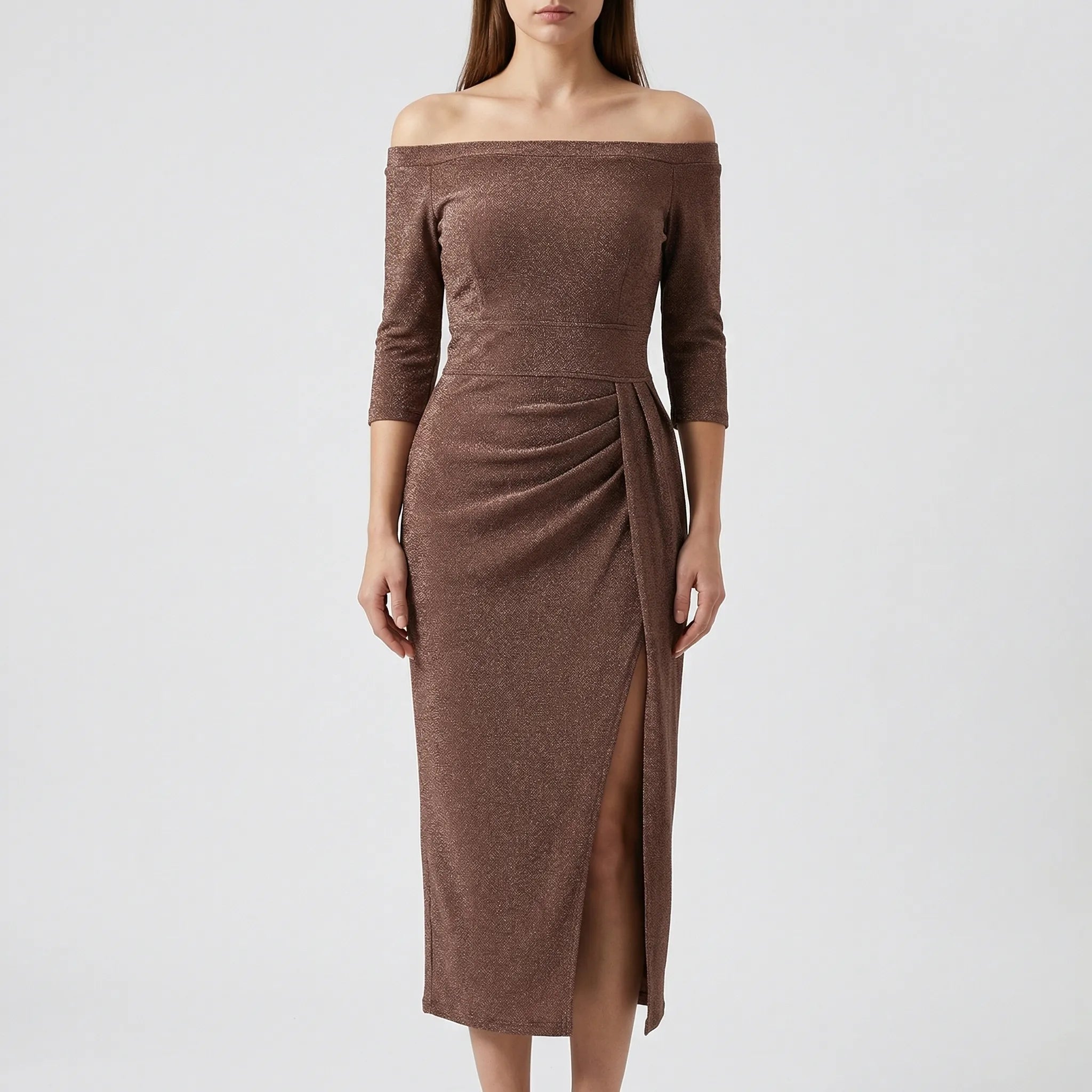 Dopasowana Sukienka Midi Z Odkrytymi Ramionami - Eleganckie Wyjścia Wieczorowe 