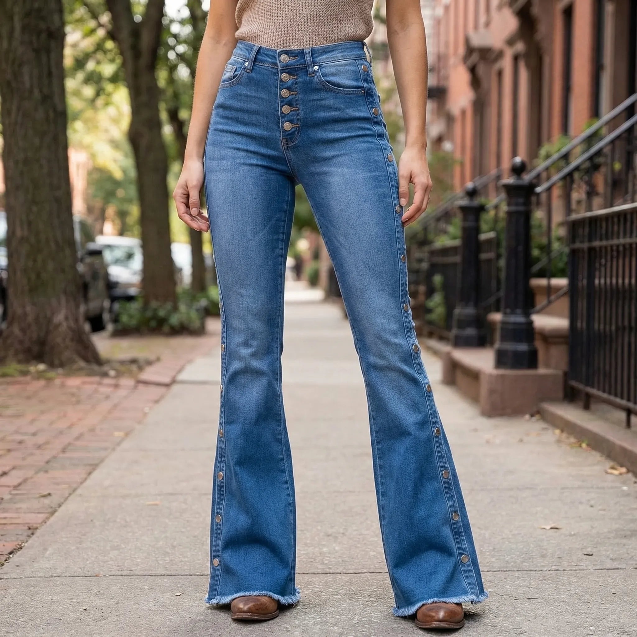 Dzwony Z Wysokim Stanem I Guzikami - Stylizacje Na Co Dzień 