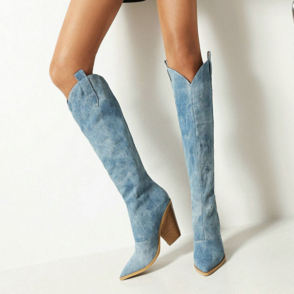 Florina – Damskie Kowbojki z Denimu Styl Western na Obcasie Casual