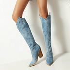 Florina – Damskie Kowbojki z Denimu Styl Western na Obcasie Casual