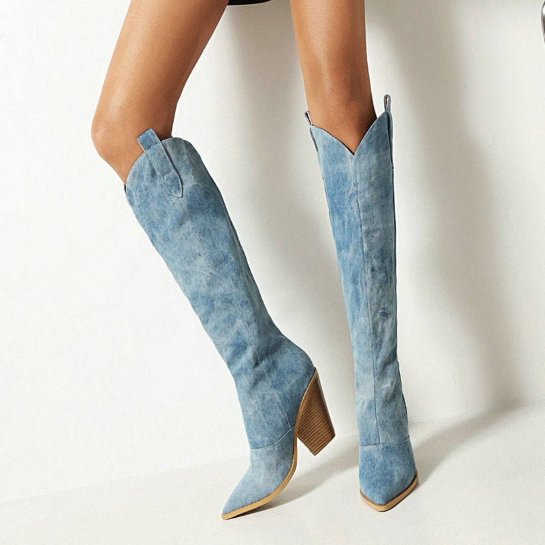 Florina – Damskie Kowbojki z Denimu Styl Western na Obcasie Casual