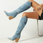 Florina – Damskie Kowbojki z Denimu Styl Western na Obcasie Casual
