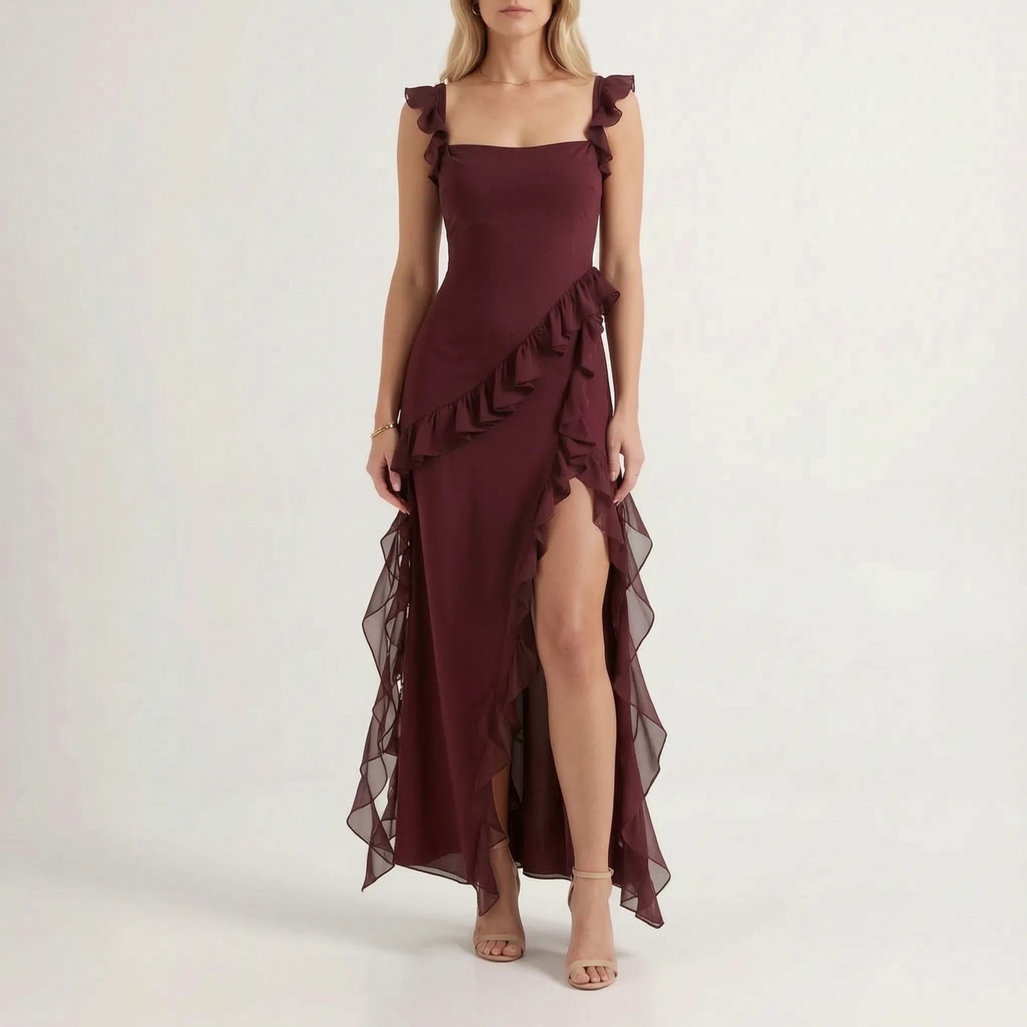 Elegancka Kaskadowa Asymetryczna Sukienka Maxi - Wesela I Przyjęcia 