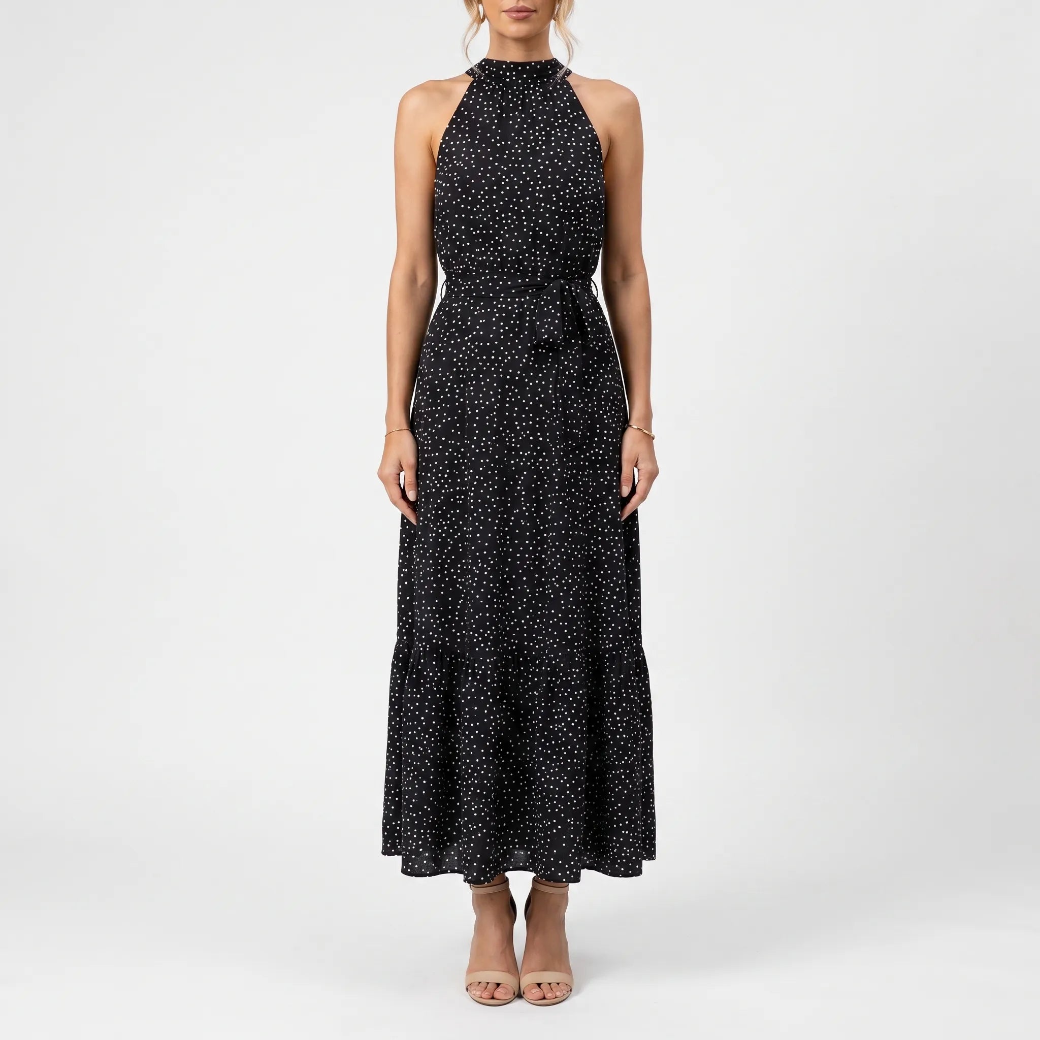 Elegancka Sukienka Maxi W Kropki - Wyjścia Na Przyjęcia 