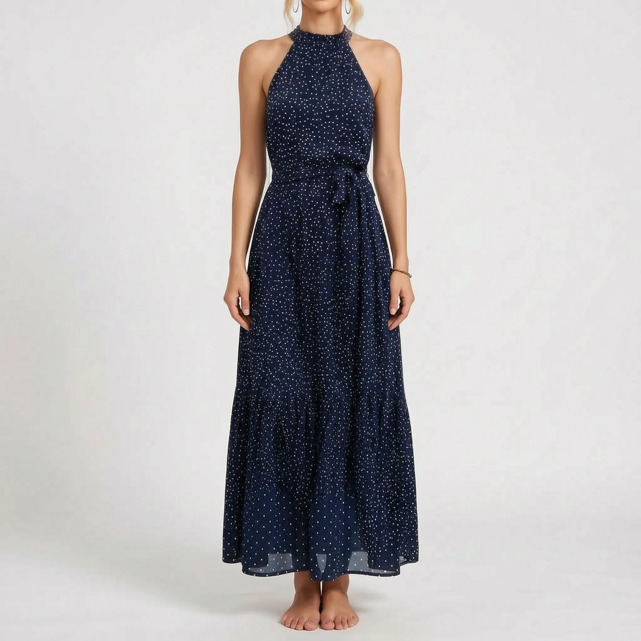 Elegancka Sukienka Maxi W Kropki - Wyjścia Na Przyjęcia 