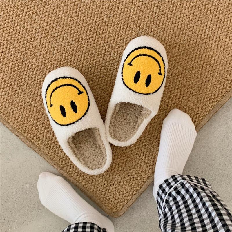 Livia – Women's Slippers with Embroidered Smile and Soft Fur